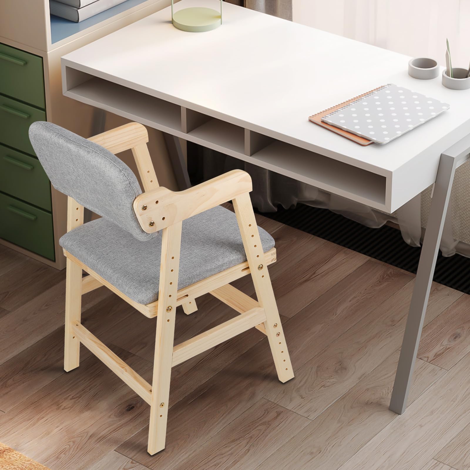 Höhenverstellbarer Holzhochstuhl für kinder von 2 bis 12 Jahren, Mitwachsender Kinderhochstuhl, Höhenverstellbar, hochstühle,bis 90 kg für Kinder und Erwachsener (48 x 46 x 78 cm – Grau (1 Stück))