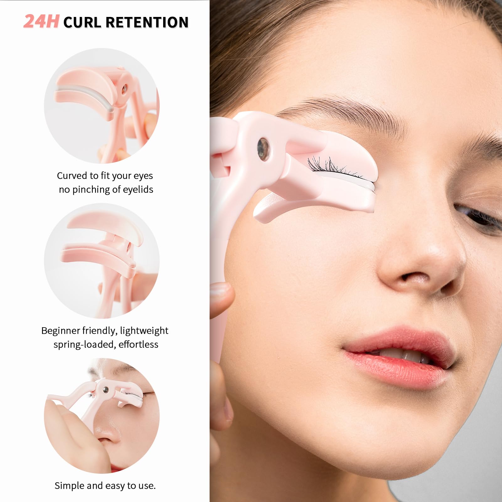 2 bigodini per ciglia, rosa, con 2 cuscinetti di ricarica in silicone, per non pizzicare o tirare le ciglia, strumento per il trucco, per donne e ragazze, 24 ore