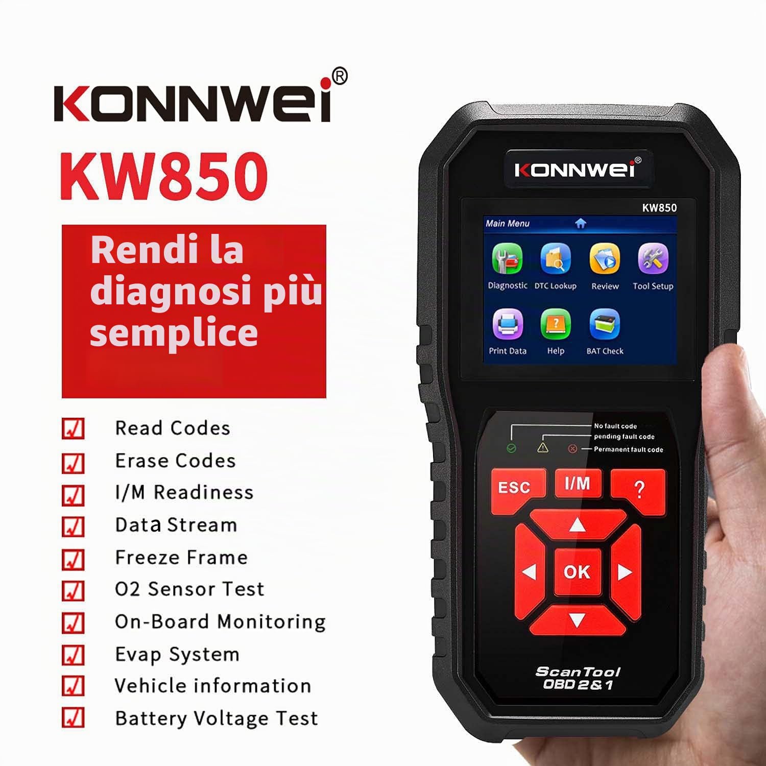 Konnwei Kw850 OBD2, dispositivo diagnostico OBDII, lettura memoria errori, con funzioni OBD2 complete, lettore codici errore universale, compatibile con tutti i veicoli dopo il 2002 (Nero)