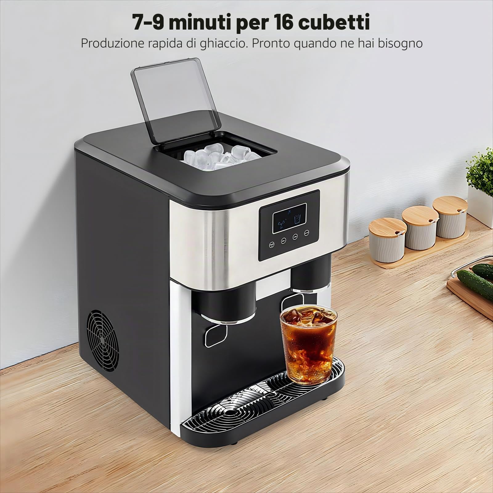 Macchina per cubetti di ghiaccio 3-in-1, 16 cubetti – Preparatore di cubetti di ghiaccio da tavolo con trita-ghiaccio e funzione di acqua fredda, 7-9 minuti per ciclo, per casa, bar, ufficio