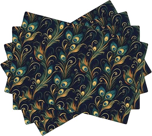 Dining Table Placemats Set of 4-12x18 Inch Elegant Peacock Feathers (A) Print Faux Linen Double Heat Resistant Place Mats, Kitchen Table Mats,