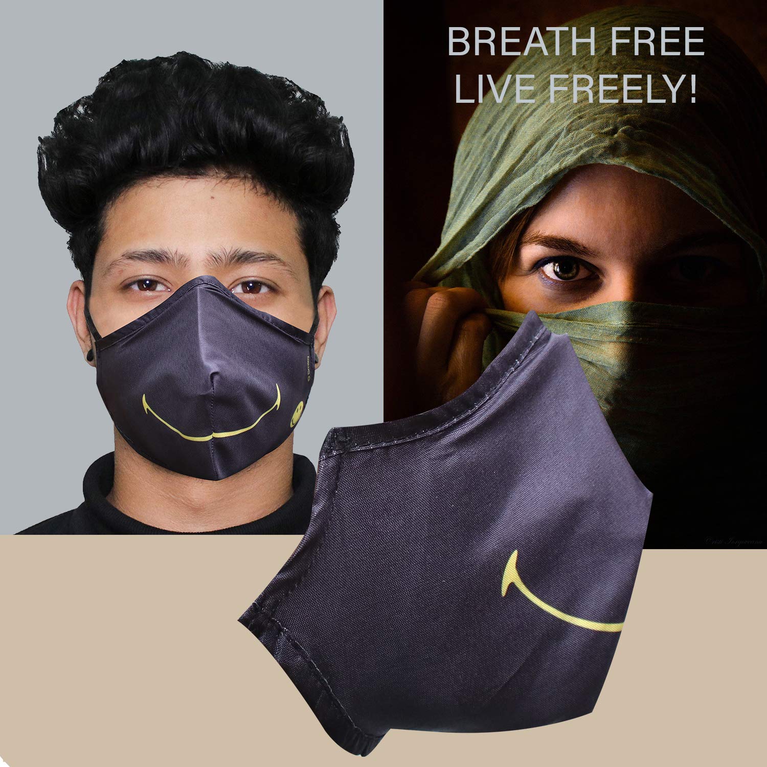 ORILEY ORSM15 Smiley Washable & Reusable Face Mask with 2 Replacement Filter & Adjustable Headloop Elastic Breathable Protective Mouth Cover (5 Pcs) 2