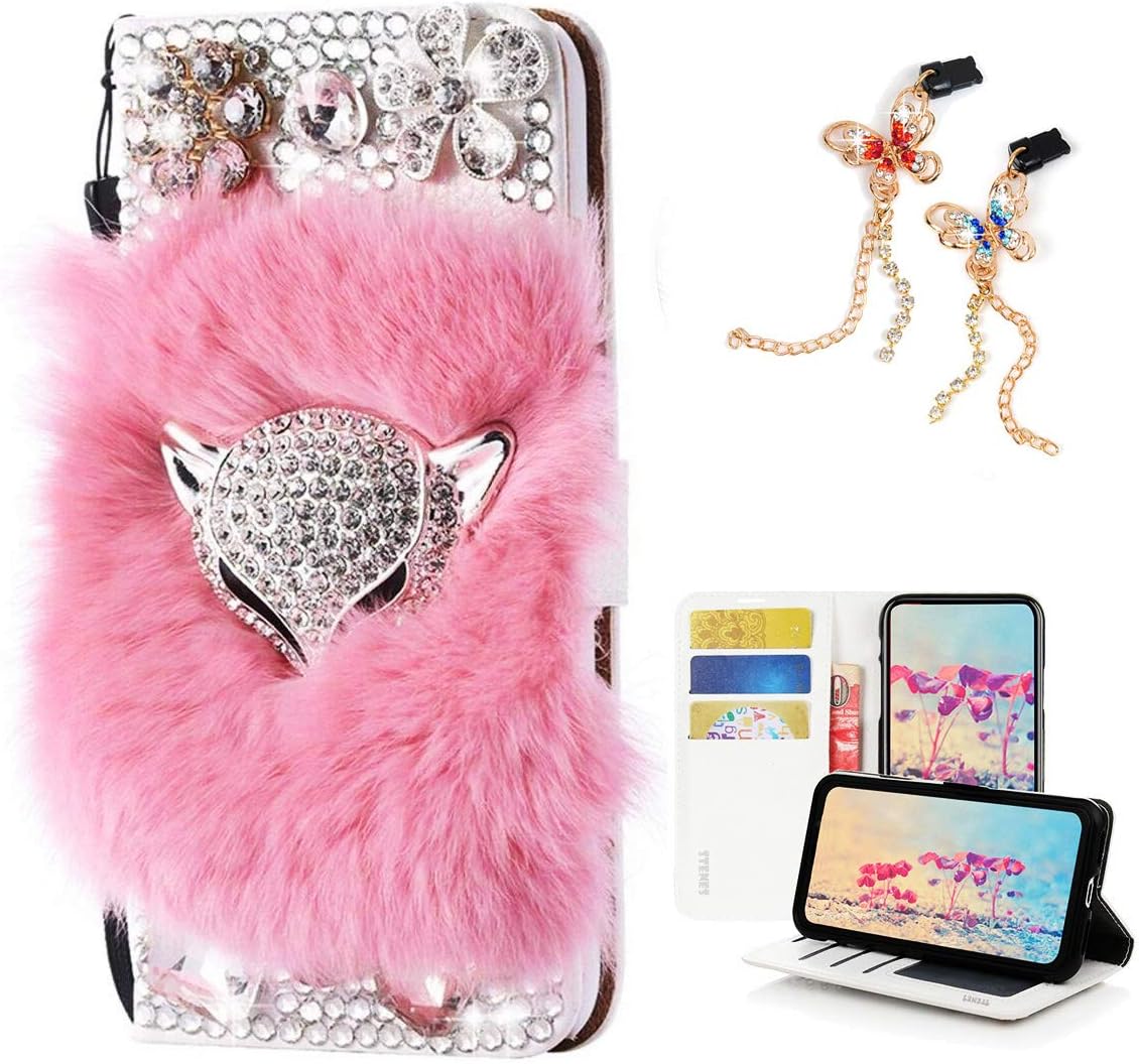 STENES Bling Wallet Phone Case Compatible with iPhone 13 Mini Case - Stylish - 3D Handmade Luxury Fox Flowers Design Leather Cover with Bling Butterfly Dust Plugs [2 Pack] - Black