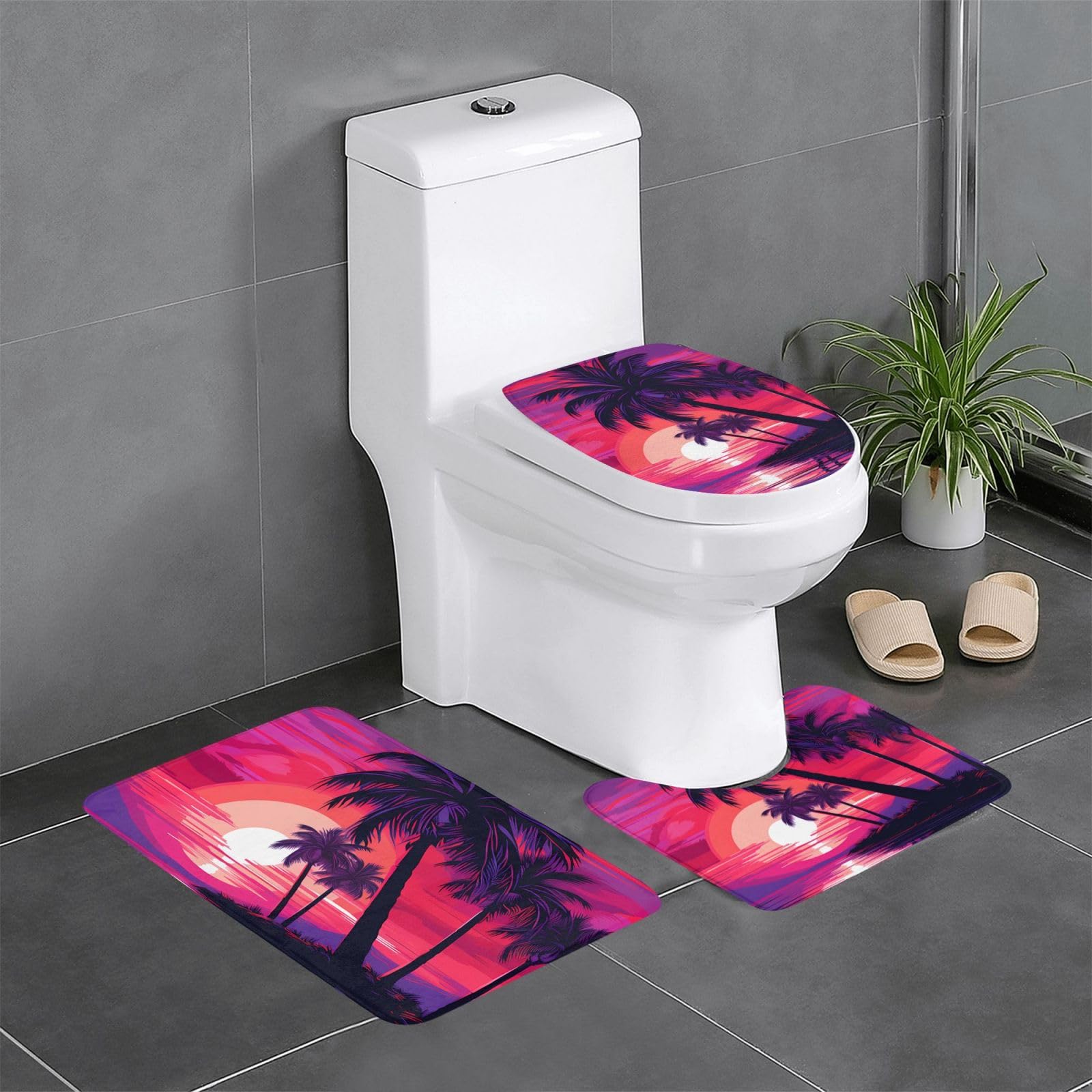 Tapis de bain violet lot de 3 antidérapants motif palmier pour salle de bain