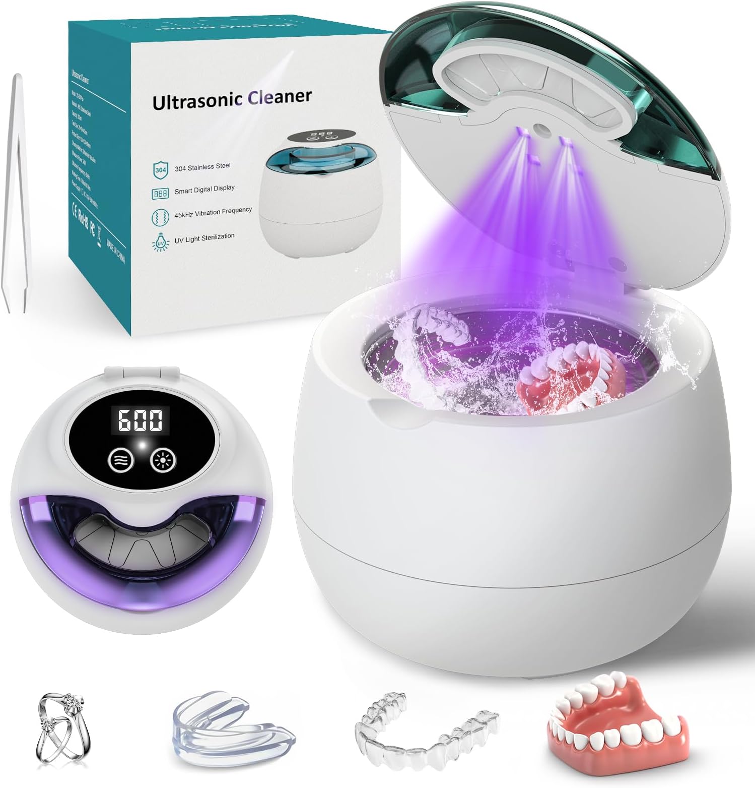 Ultrasonic Denture Retainer Cleaner Machine - 45kHz Retainer Cleaner Machine with 200ML Dental Cleaning Pod, 4 Modes Ultrasonic Cleaner for Denture, Mouth Guard, Aligner, Braces, Toothbrush, Jewelry