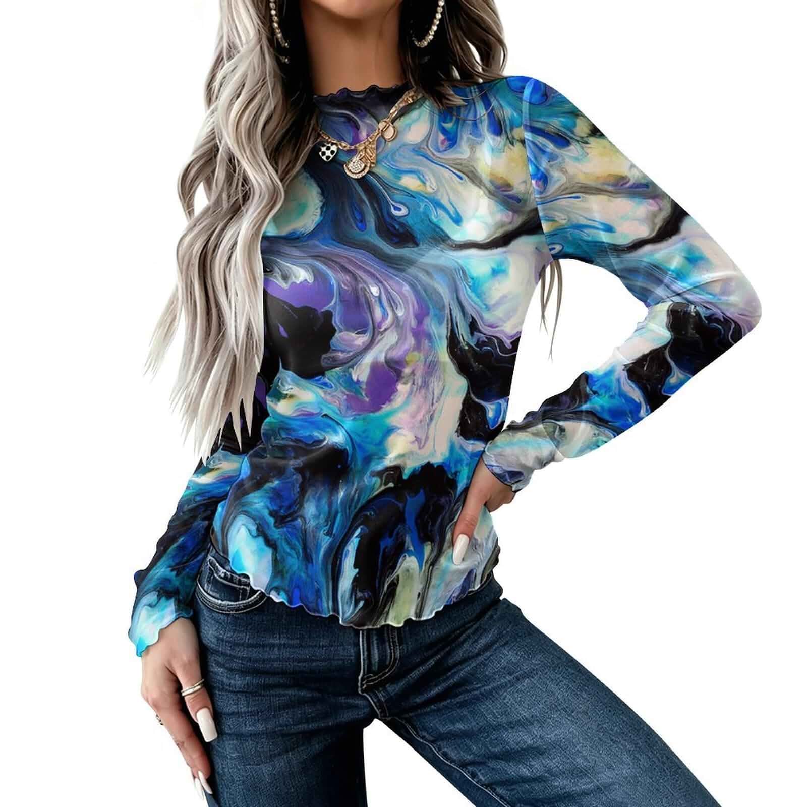 Abstract Art Rainbow Mesh Long Sleeve Tops for Women Work Fall Shirts High Neck Sheer Casual Blouse Long Sleeve