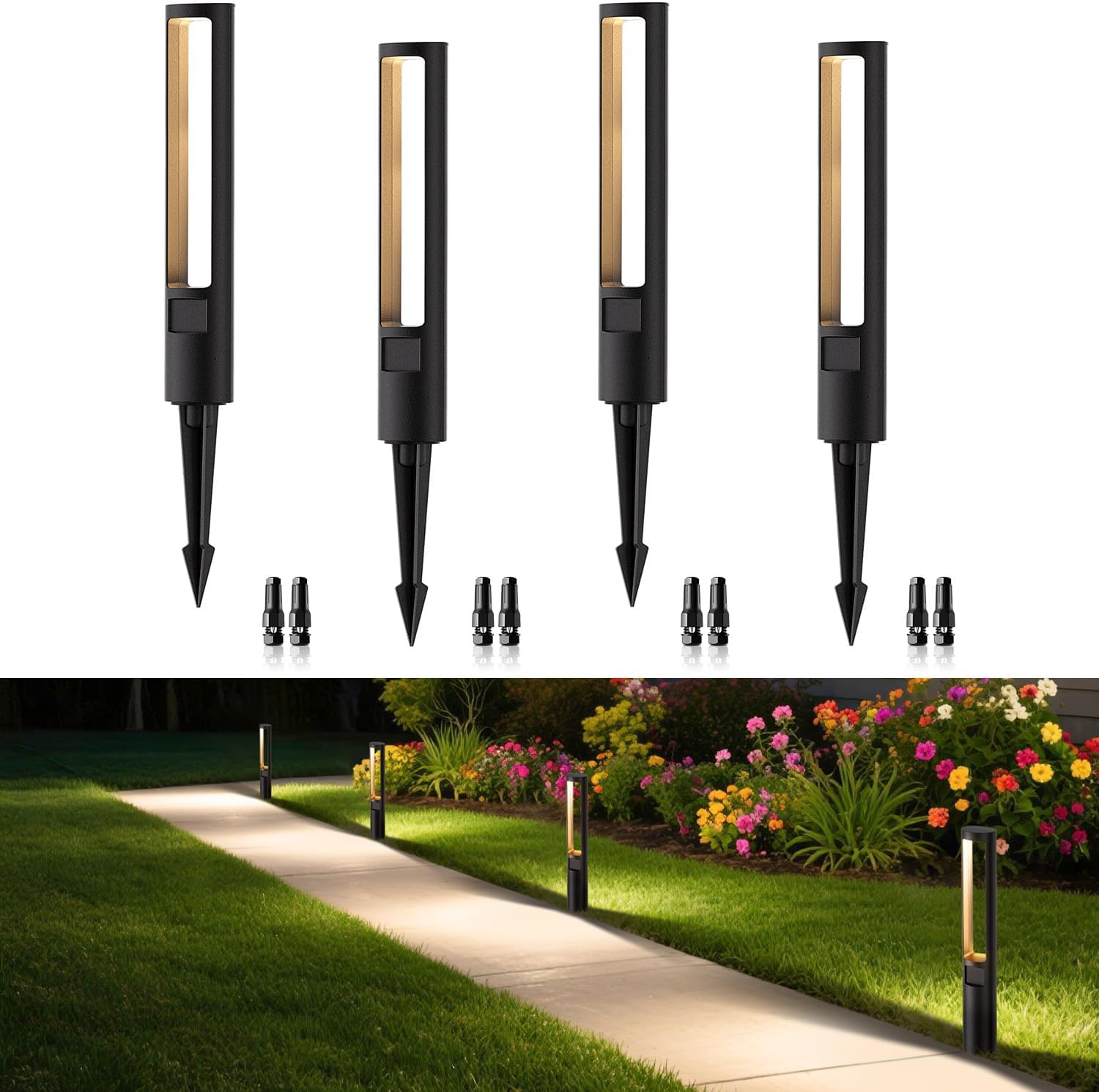 MEIKEE 5W Low Voltage Pathway Lights, 2700K 250LM LED Landscape Lighting, 12-24V, Aluminum IP66 Waterproof Outdoor Path Lights with Connectors for Garden Walkway Yard 4 Pack (Non-Dusk to Dawn)