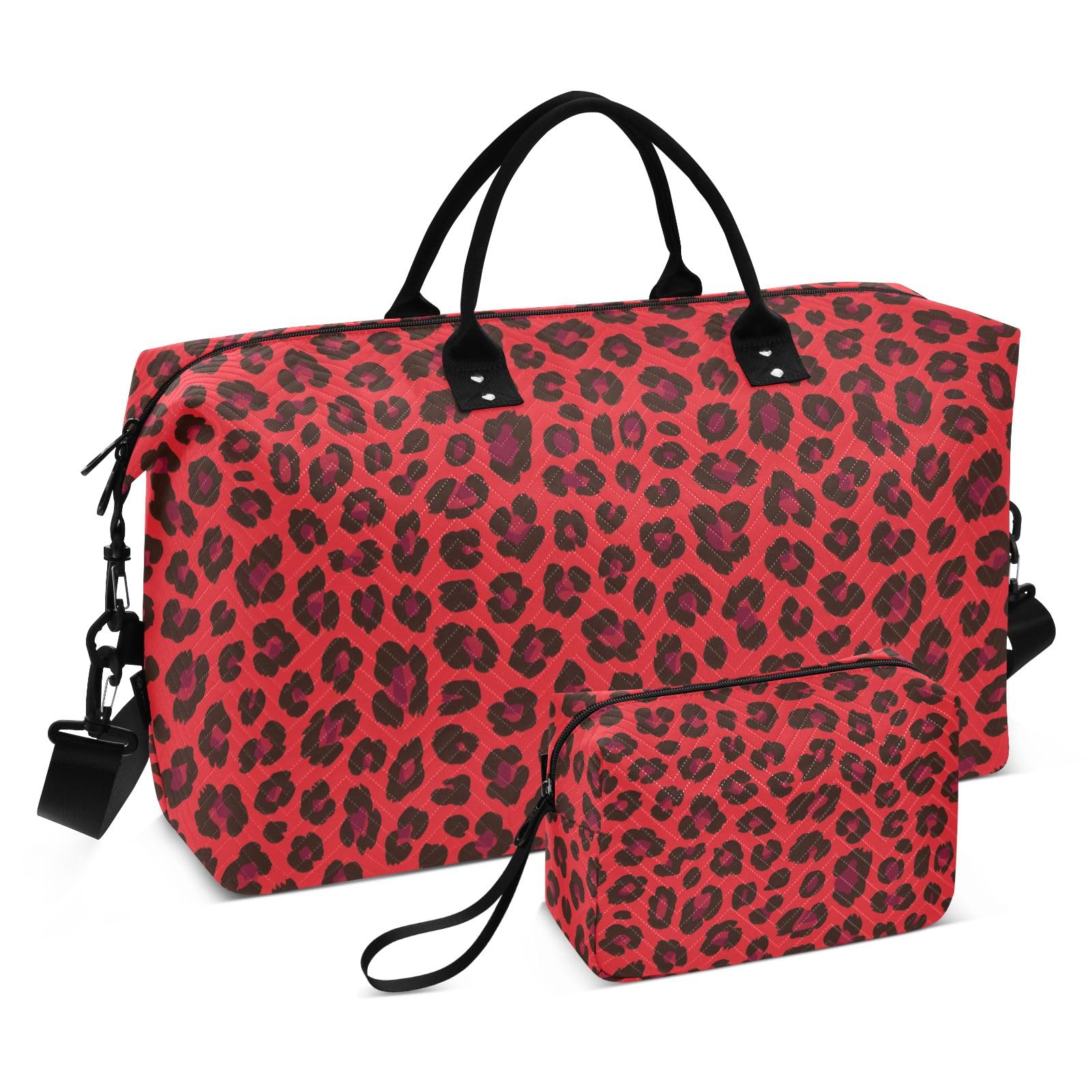 Travel Duffle Bag, Red Leopard Print Cheetah Gym Bag with Storage Bag Weekender Overnight Bag for Men Women Trip Sports Yoga