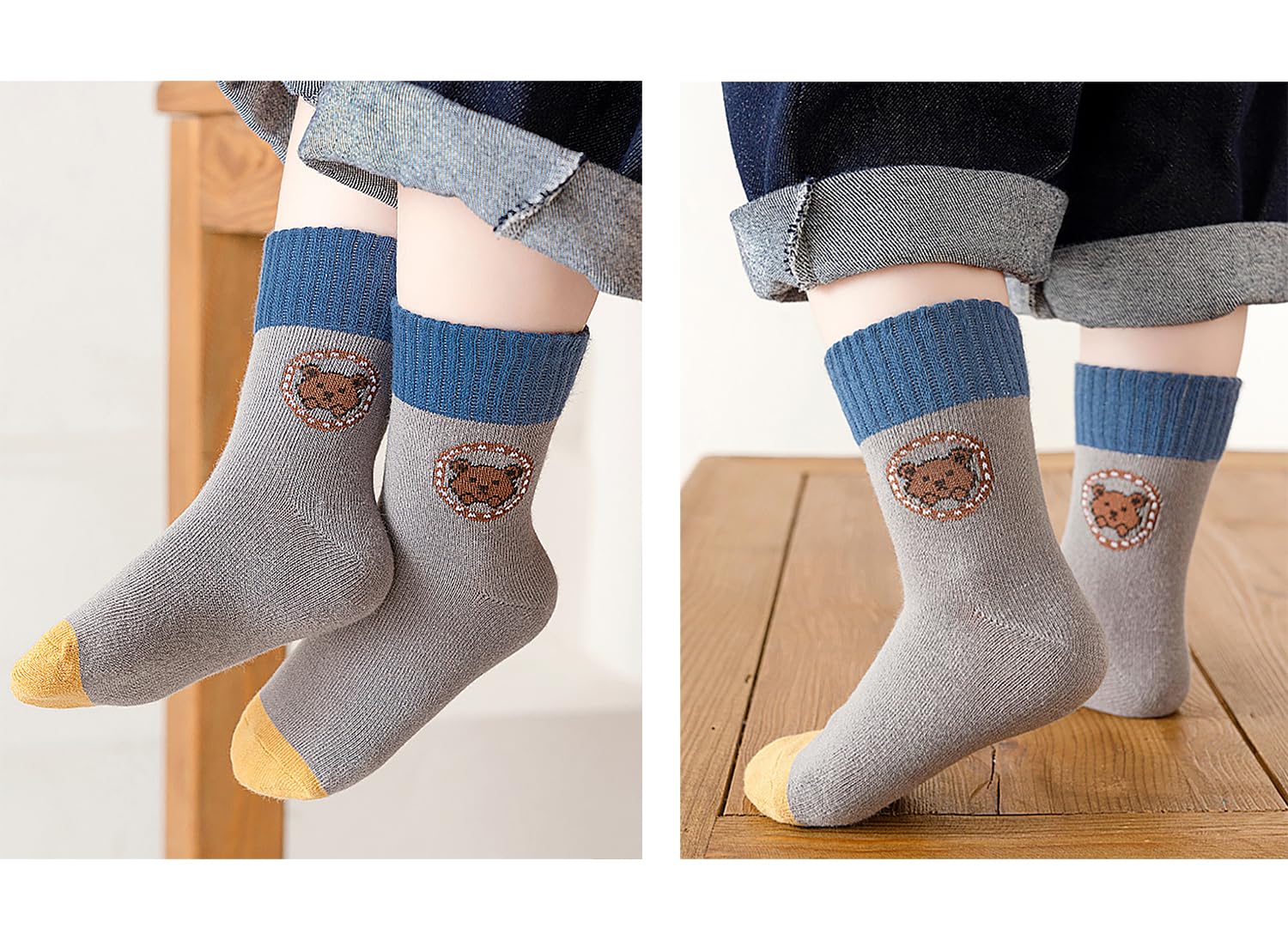 SYGA 5 Pairs Baby Socks, Toddlers Infant Cotton Stretch Crew Socks with Brown Bear Design, Suitable for 0-2 Years baby 2