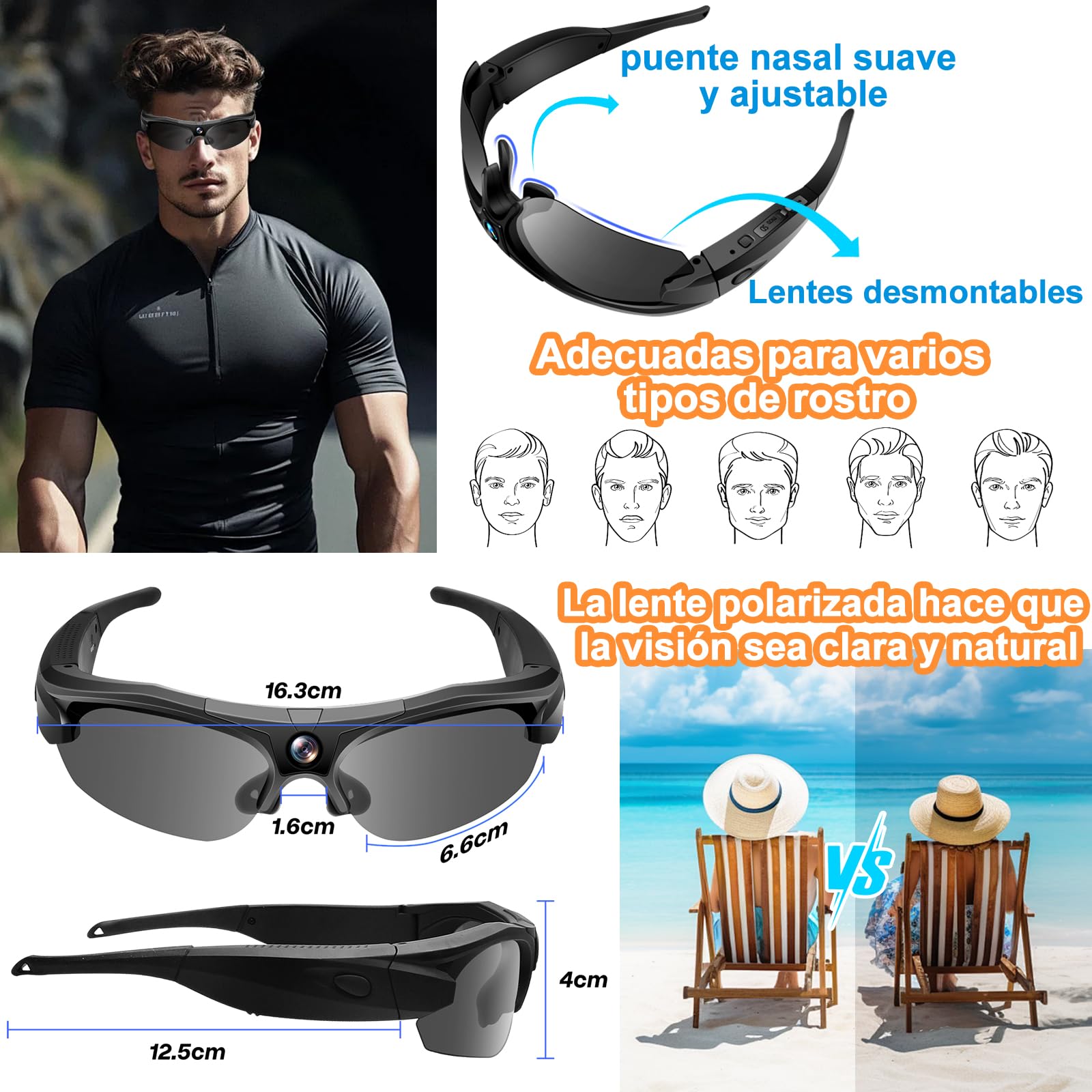 Gafas con Camara 4K WiFi 120° Gran Angular, Lentes Polarizadas | 100min batería, 256GB SD, grabación en bucle, lentes UV, estuche incluido