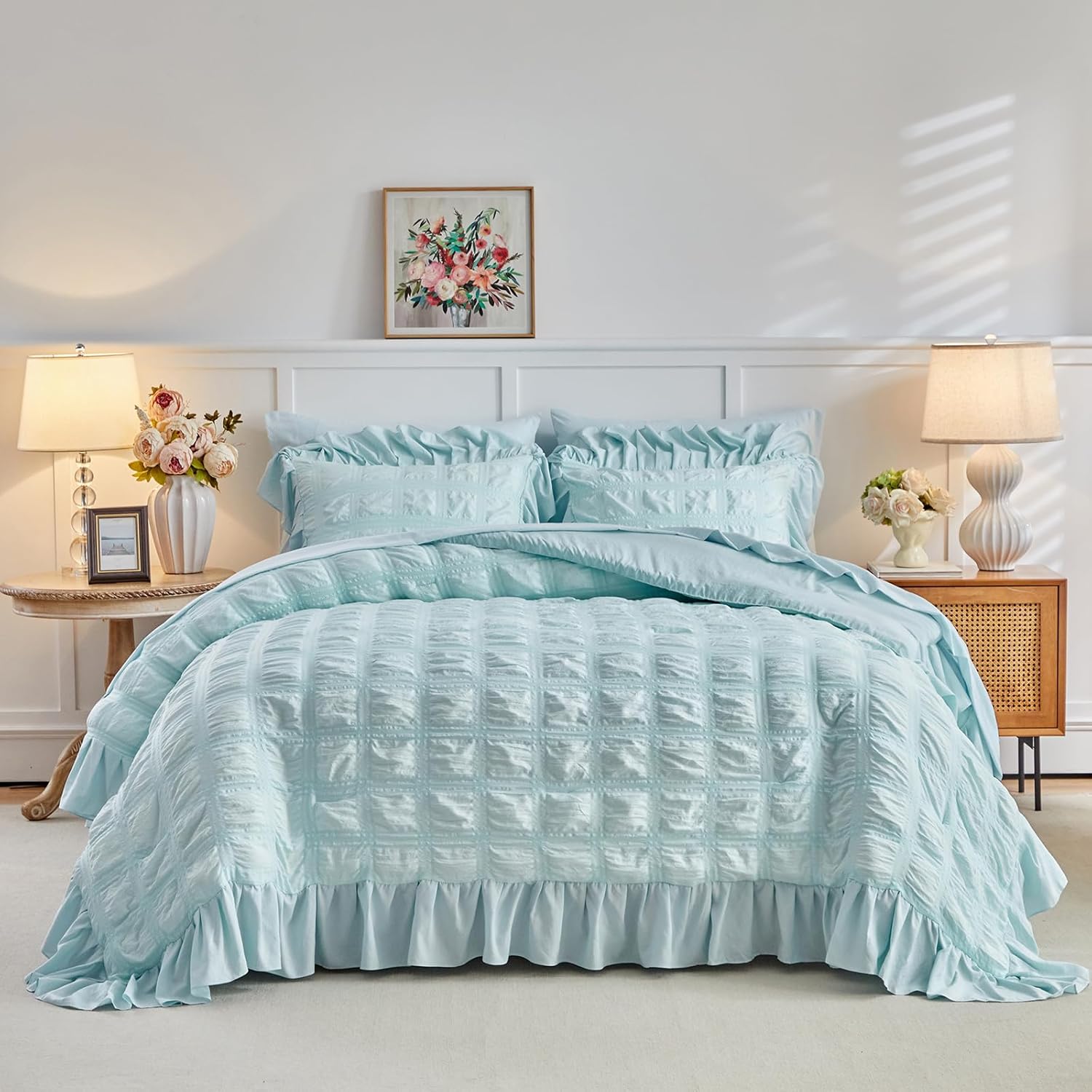 Tititada Blue Plaid Seersucker Comforter Set with Ruffled Fringe Queen Size, 3 Pieces Soft Fluffy Farmhouse Bedding Set for All Season, Queen Bed Set with Ruffle Shams (Blue, Queen)