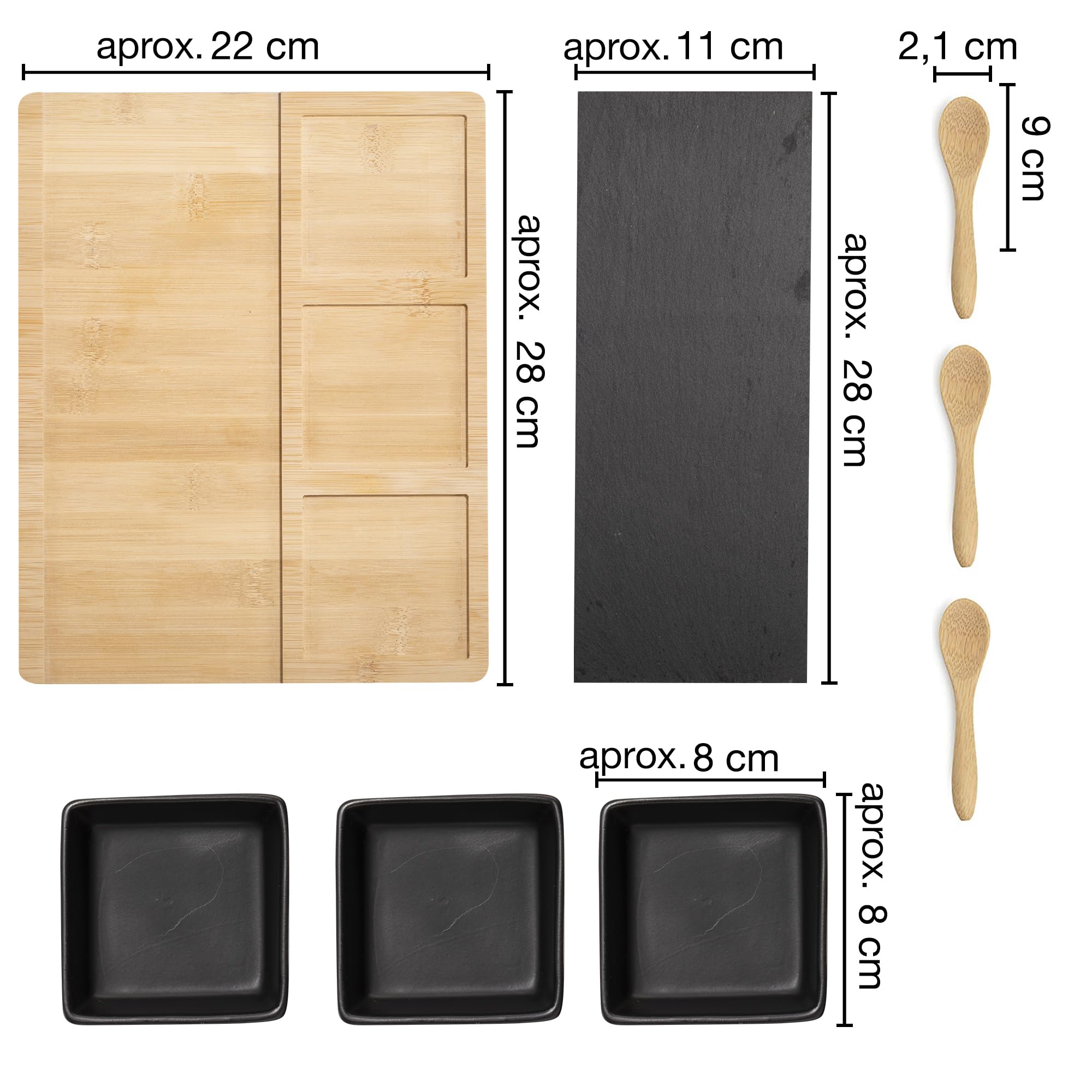 Moritz & Moritz juego de cuencos negro incl. cuchara, tabla de servir y plato de pizarra - juego de cuencos como cuencos para tapas, cuencos para mojar, cuencos para aperitivos y cuencos para tapas