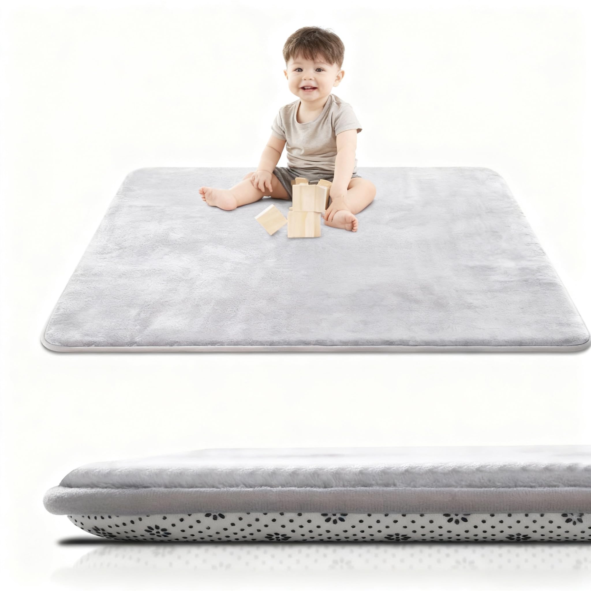 Photo 1 of Lansber Baby Play Mat for Floor, 1.2? Thick Foam 50X50 Playpen Mat, Ultra-Soft Velvet for Tummy Time & Crawling, Non-Slip Backing and Easy to Clean, Safe for Infants, Toddlers, and Kids (LightGray)