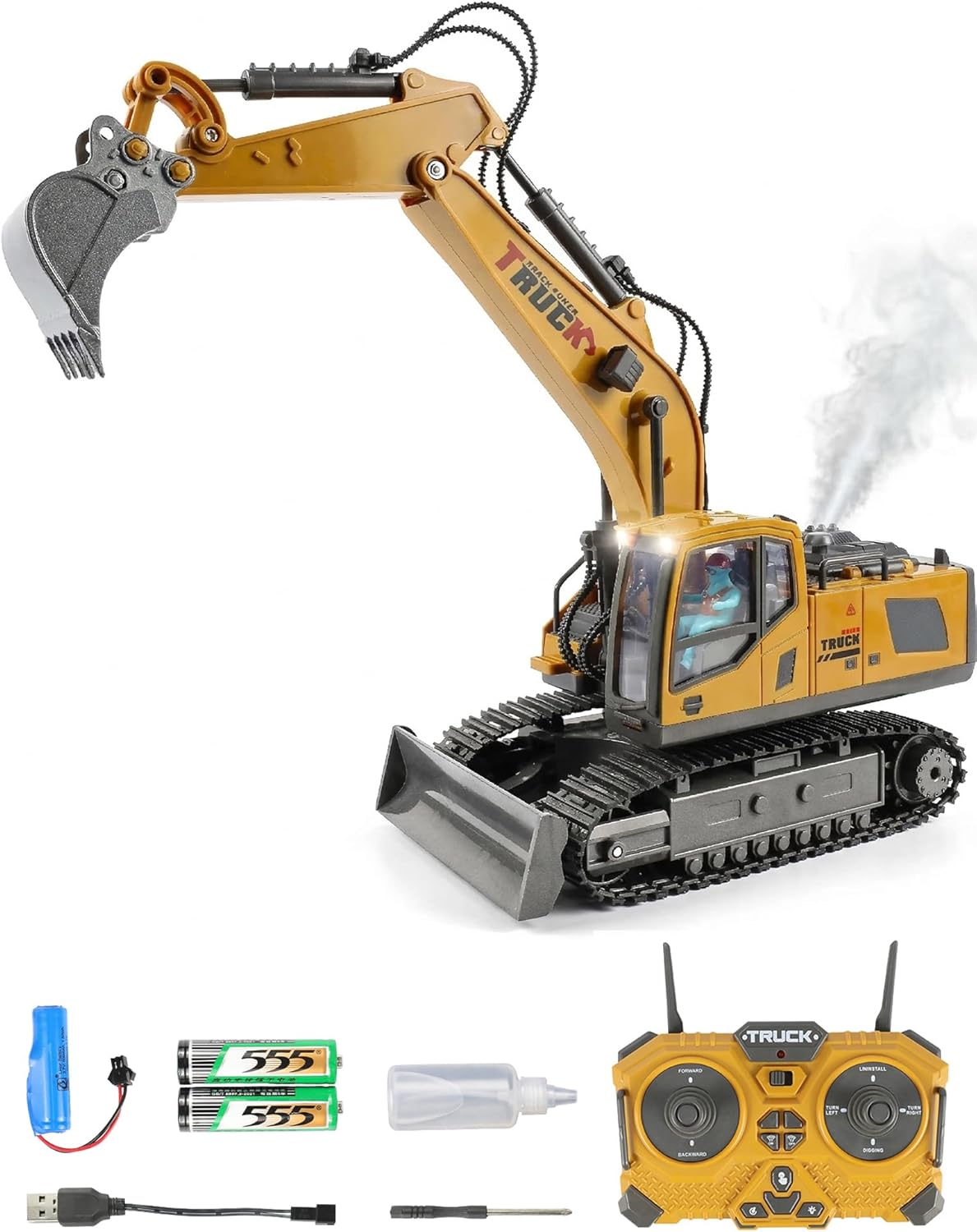 RC Excavator Toy with 4*Battery Set for Boys, 11-Channel Remote Control Excavator Alloy Bucket Metal Construction Vehicle with LED Lights, Sound and Water Spray Exhaust for Kids