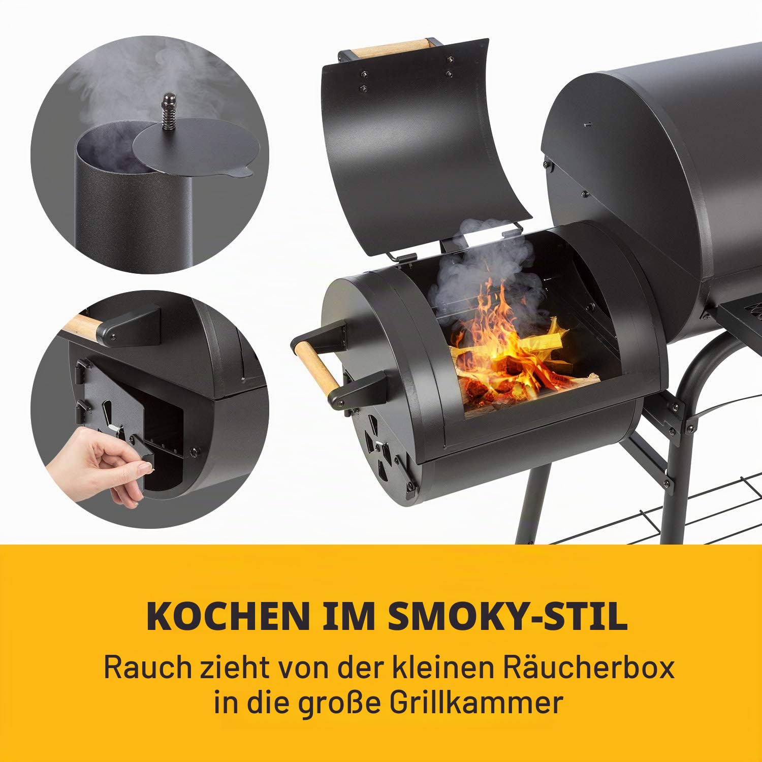 Klarstein Beef Brisket Smoker Grill - Holzkohlegrill/Smoker, rostfreie Grillroste aus Edelstahl, Thermometer im Deckel, 2 große Räder, ideale Wärmespeicherung, schwarz