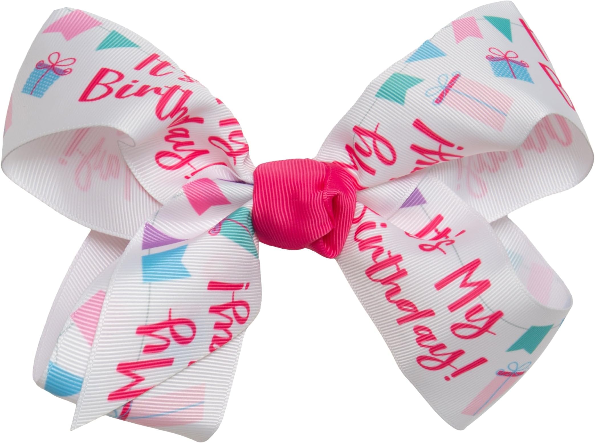 HAIRBOWS Girls' Grosgrain Hair Bow with Knot Wrap Center on a Hair Clip, All Ages and Hair Types, 6 Inch Bows, It'S My Birthday Print