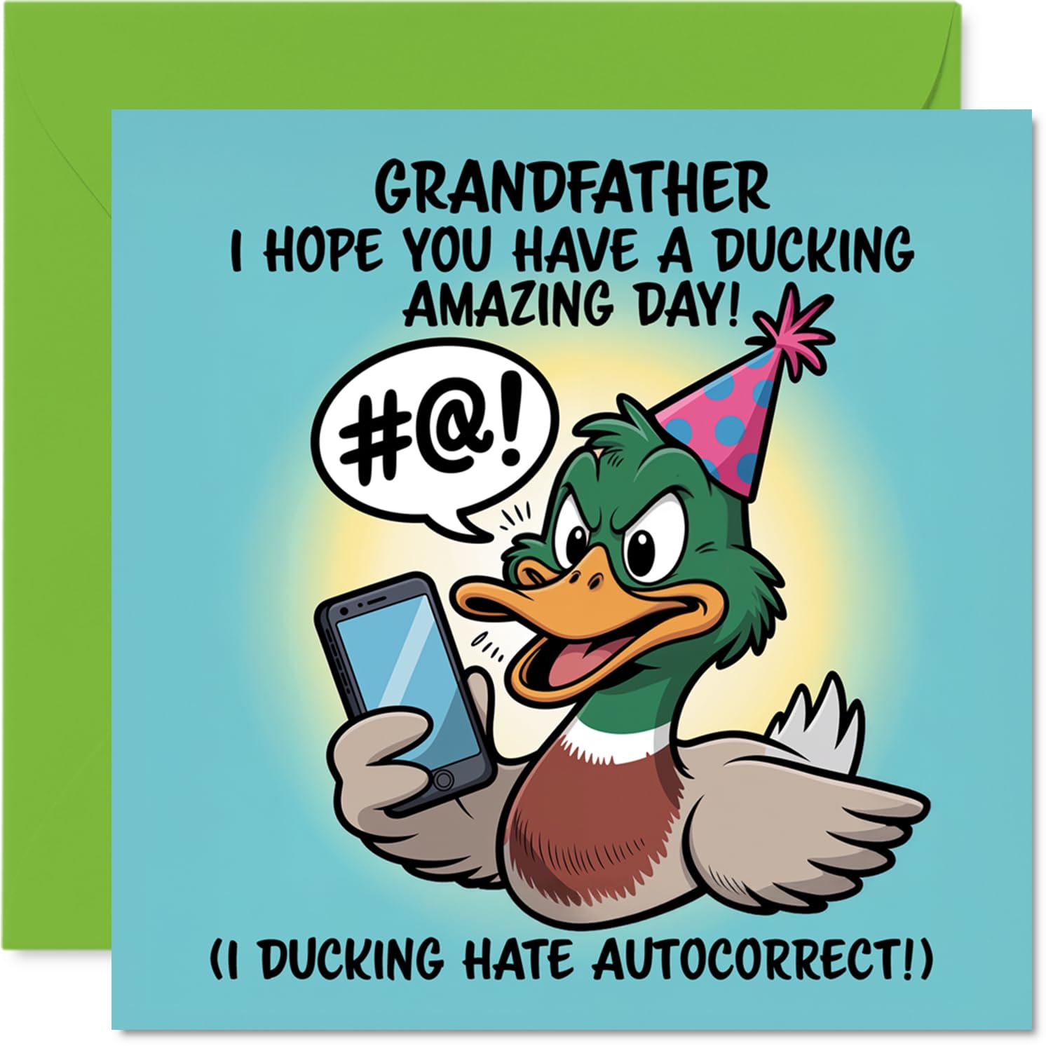 Grandfather Birthday Card - Ducking Amazing - Happy Birthday Card for Grandfather from Grandson Granddaughter, 145mm Autocorrect Joke, Cartoon Duck with Phone Bday Greeting Cards