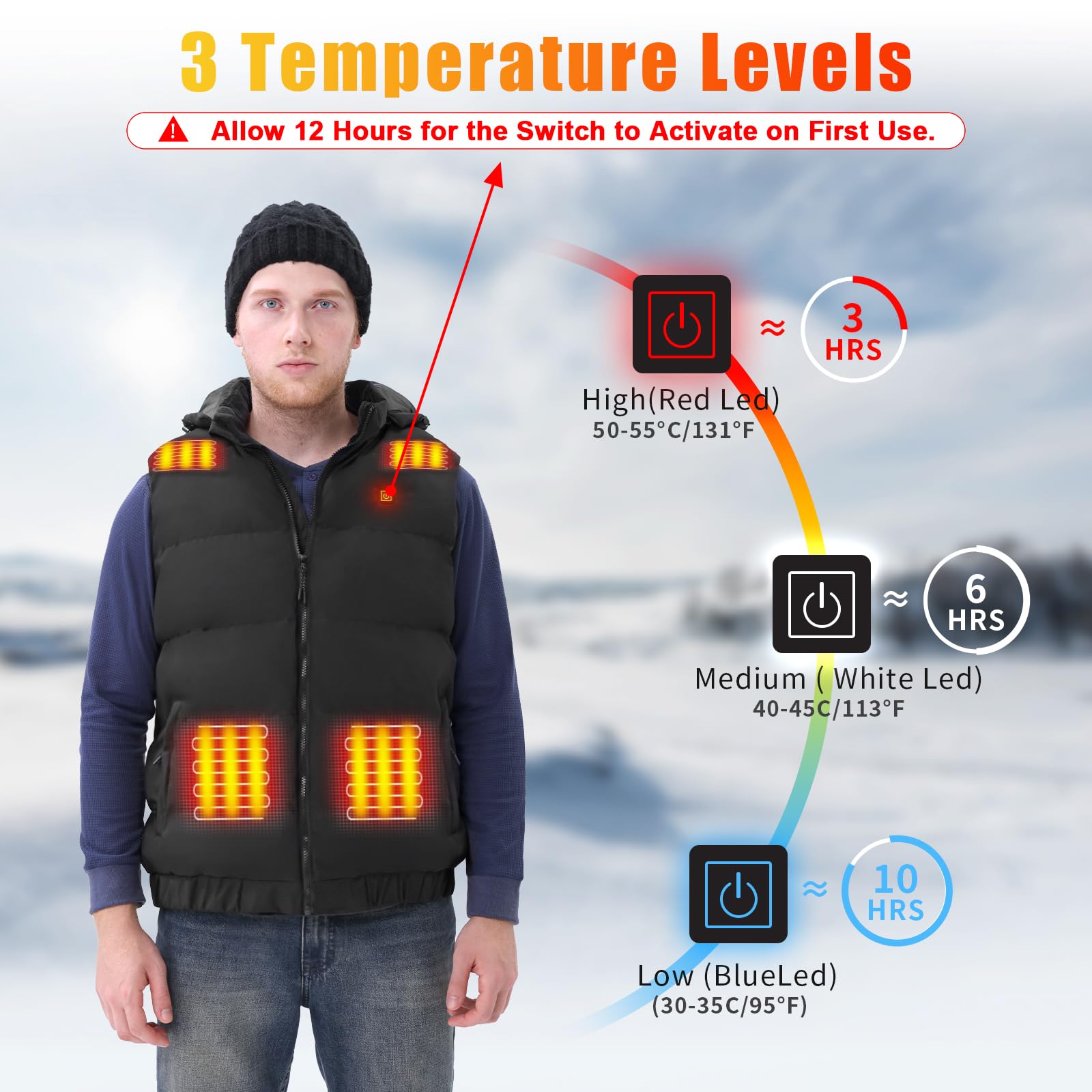 Rrtizan Gilet Riscaldato, Giacca Riscaldata Elettrica USB per Uomo e Donna, 3 Livelli di Temperatura, Giubbotto Riscaldato Impermeabile Invernale Caldo Lavabile per Caccia Moto Sci e Campeggio, Nero