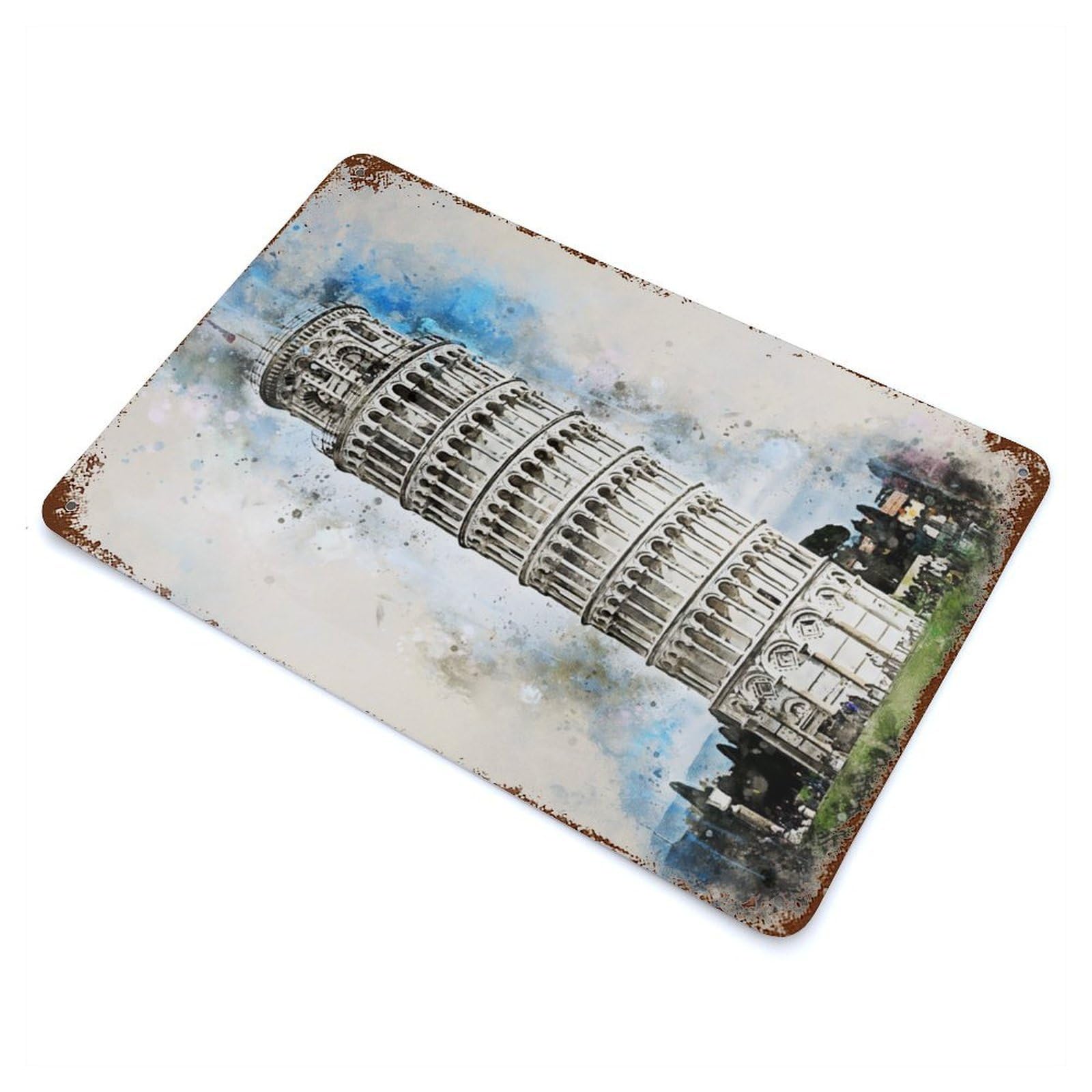 Garage Style Pisa in Watercolor Rustic Tin Plaque 11.8"x7.9", Classic Wall Plaque for Bar And Workshop