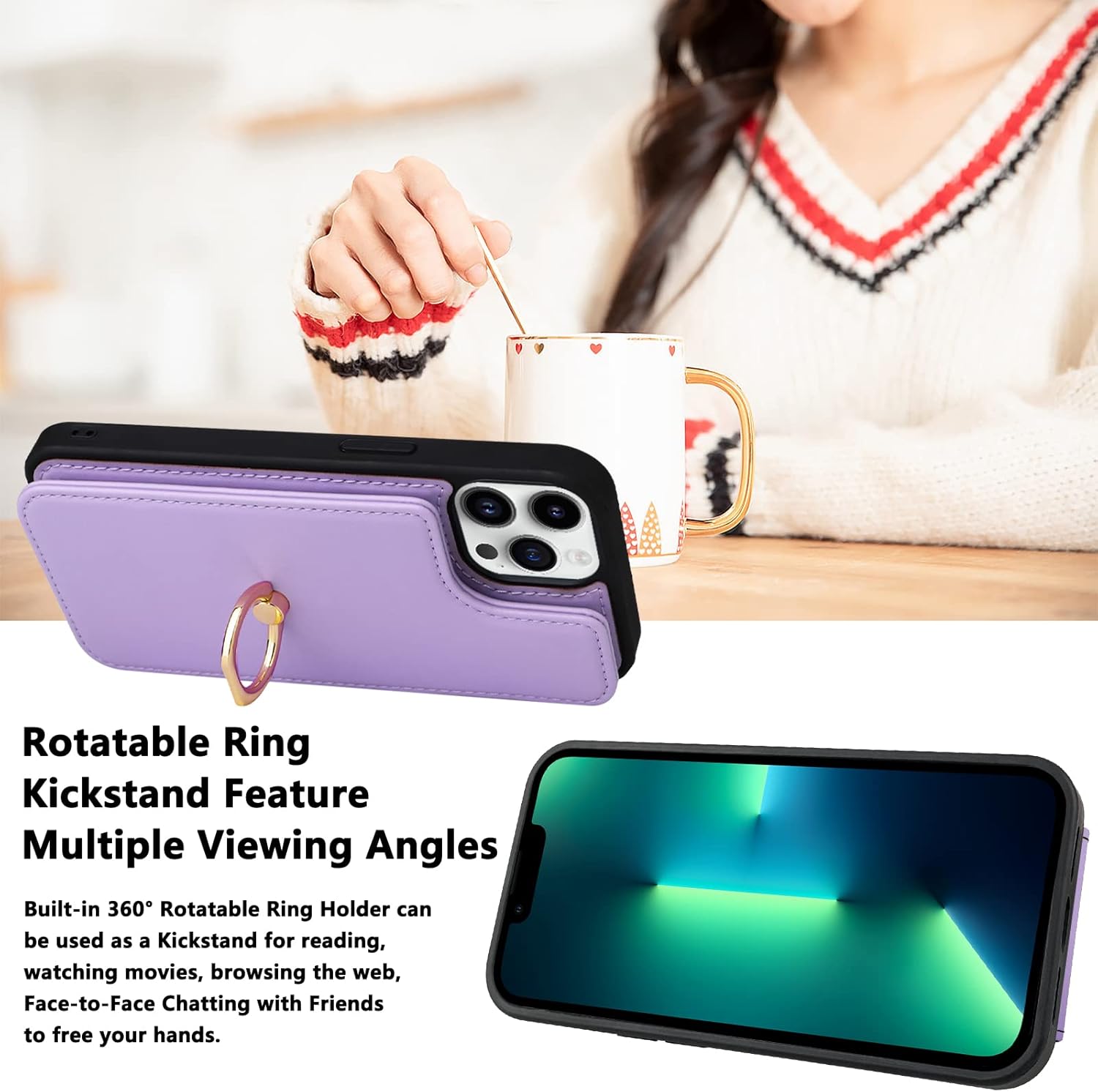 TopPerfekt Compatibile con iPhone 14 Pro Custodia a portafoglio con porta carte, 360Rotation Finger Ring Holder Cavalletto protettivo RFID Blocco modello in pelle PU Doppio pulsanti Flip Cover 6,1