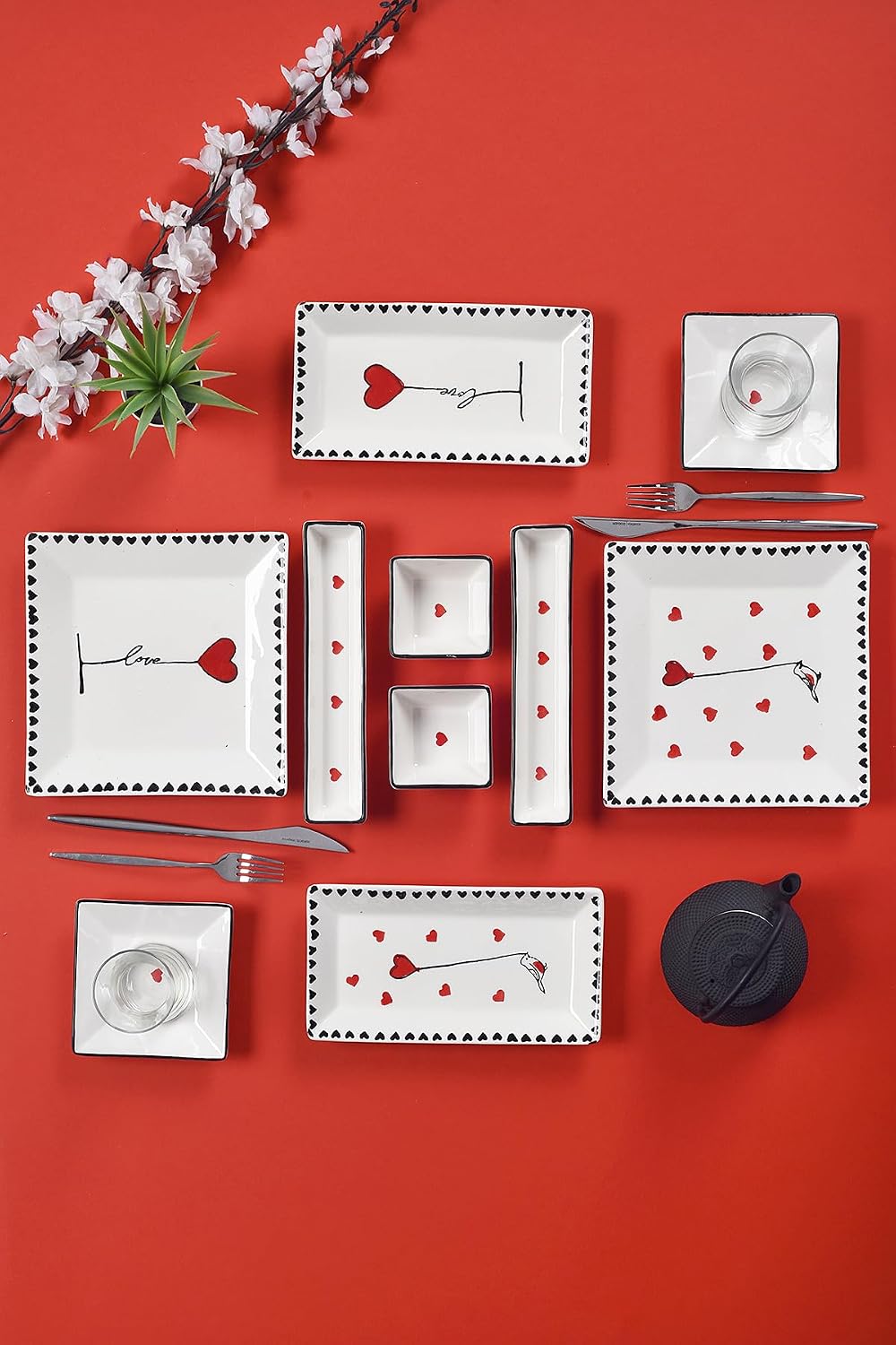 Breakfast Set 's Day Design Handmade Serving Plates for 2 People, Ceramic, BPA Free, Red Color, Love Theme - Red, One Size