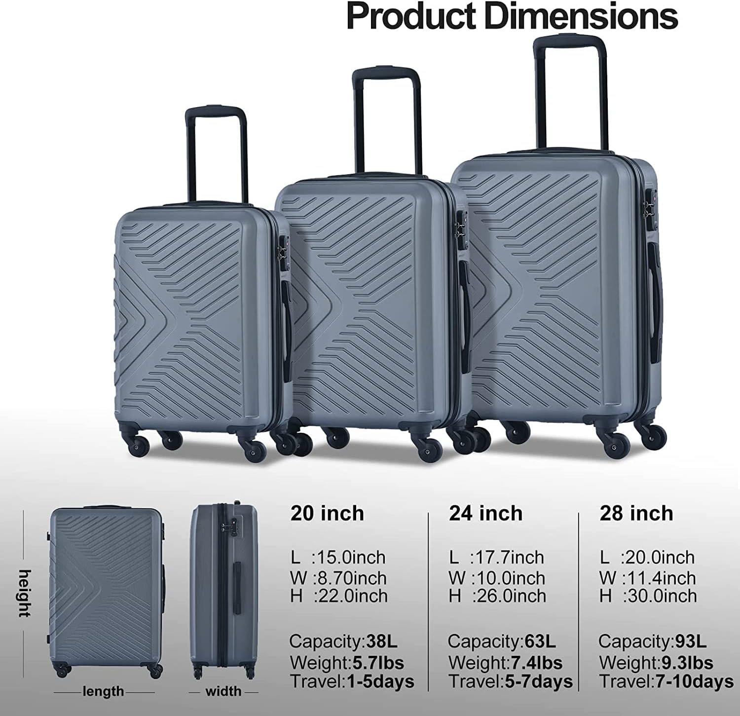 review Travelhouse HardCase Luggage, Lightweight Luggage suitcase 3 Piece with Spinner Wheels&TSA Lock, Hardside Carry-on20inch 24inch 28inch (Grey)