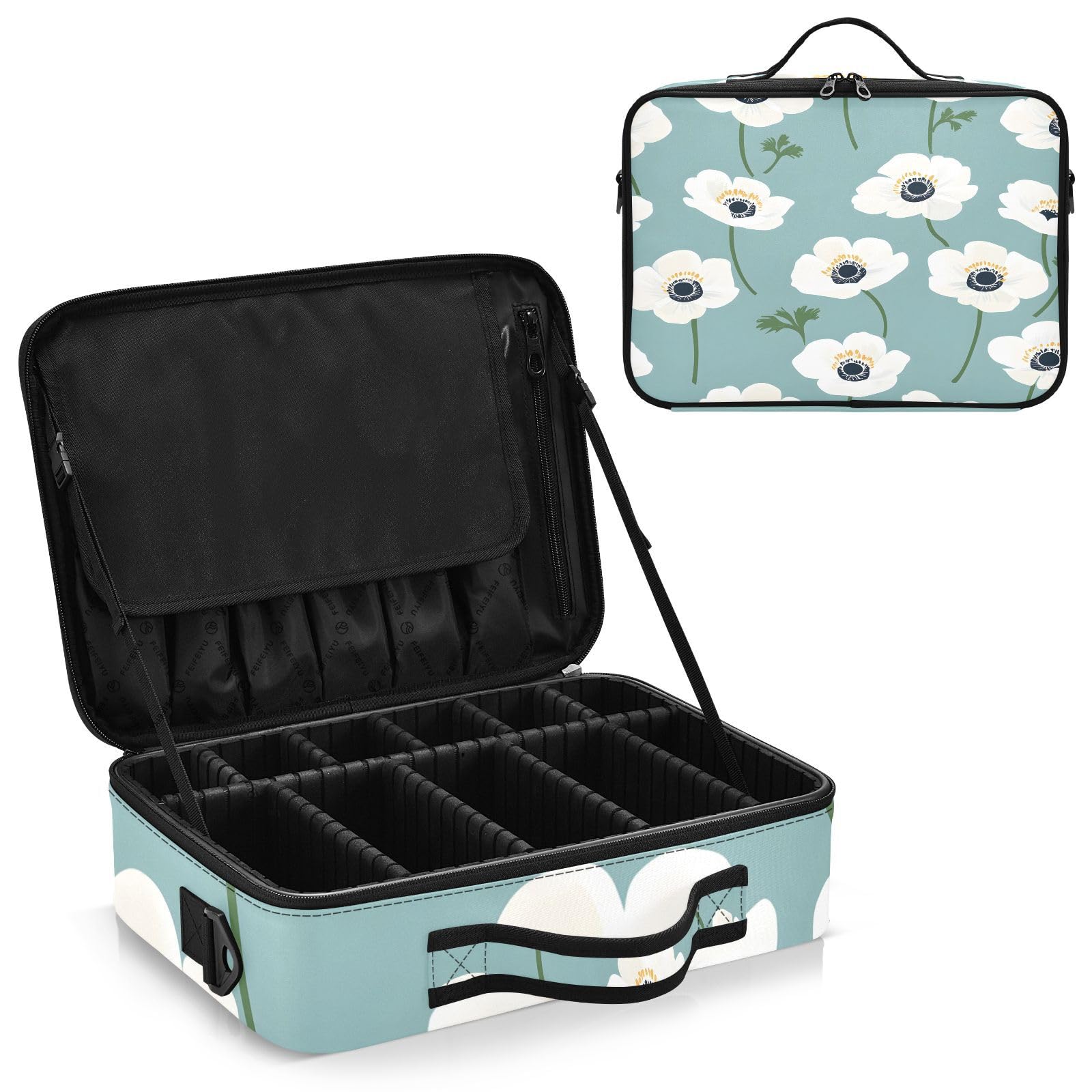 zyrtty Travel Makeup Train Case White Flower Pattern Teal Cosmetic Organizer Portable Storage Bag with Adjustable Dividers for Cosmetics Brushes Toiletry Jewelry Digital Accessories