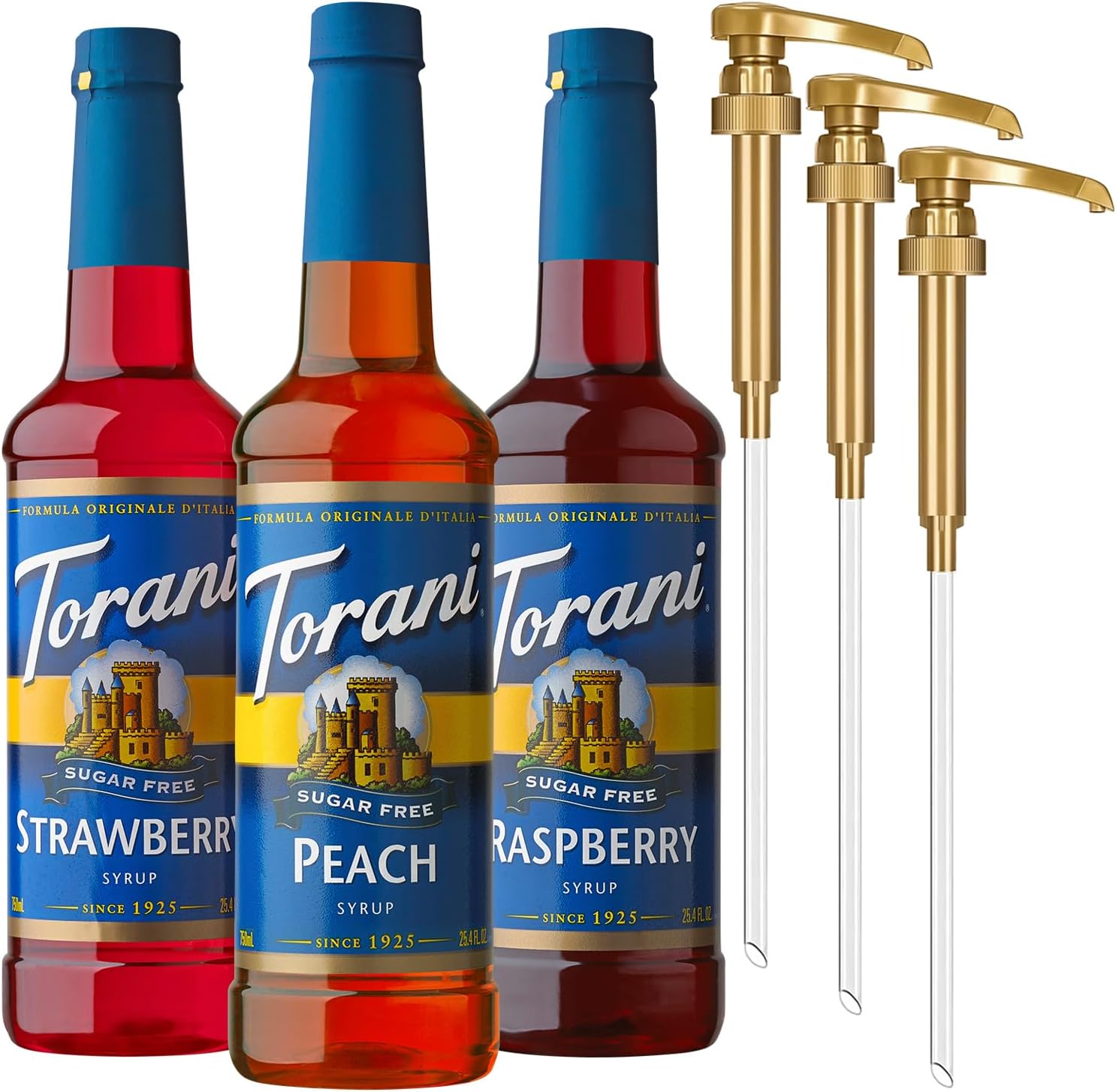 Sugar Free Syrup Variety 3-Pack, Peach, Strawberry, and Raspberry Syrup for Drinks, Zero Calories, Pumps Included, 25.4 Fl Oz Ea