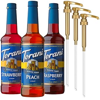 Torani Sugar Free Syrup Variety 3-Pack, Peach, Strawberry, and Raspberry Syrup for Drinks, Zero Calories, Pumps Included, 25.4 Fl Oz Ea