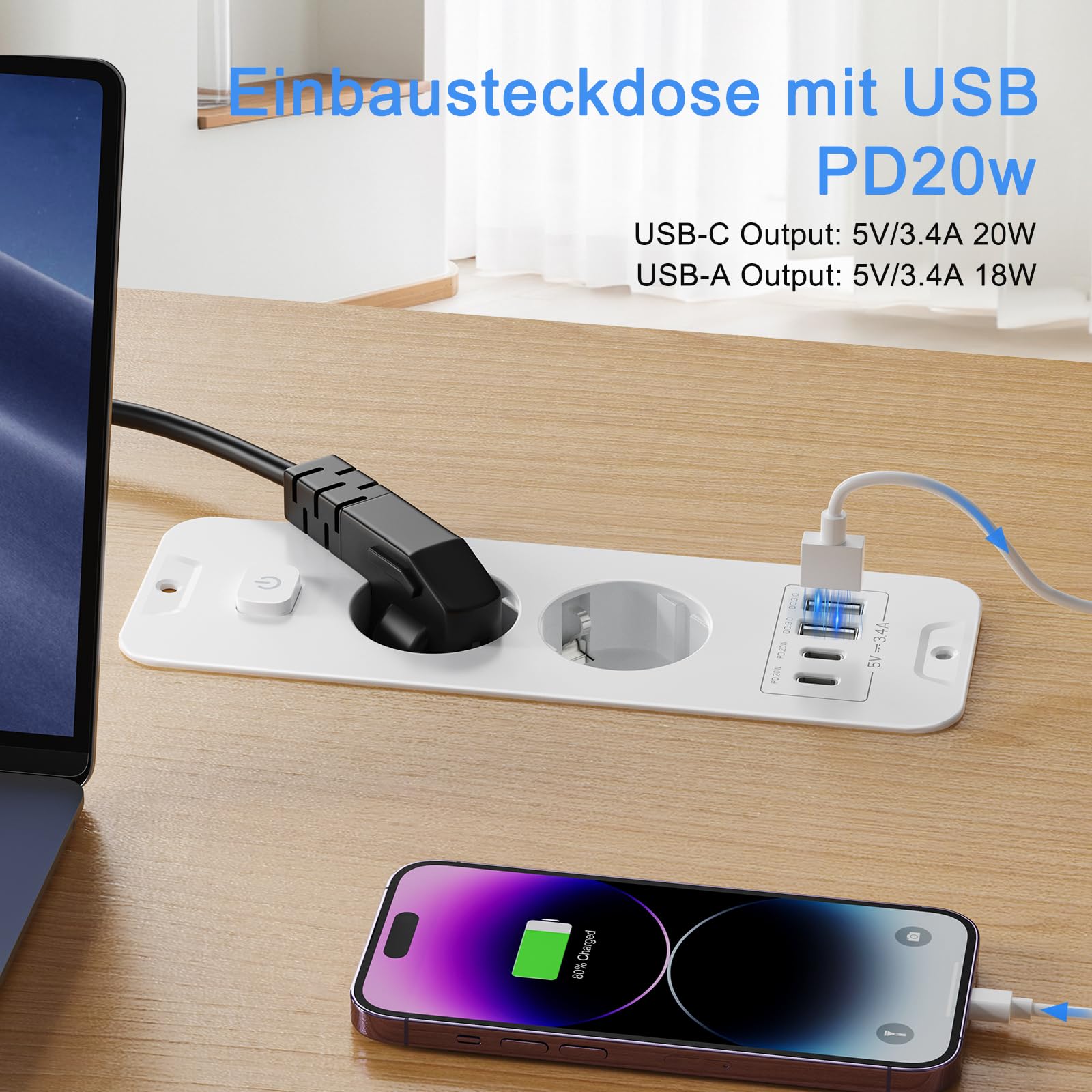 Blat wpuszczane gniazdko z 2 gniazdami USB A i 2 typami C, listwa zasilająca do zabudowy, listwa zasilająca 2 gniazda z 2 m, gniazdko stołowe z przełącznikiem do blatu stołu - białe