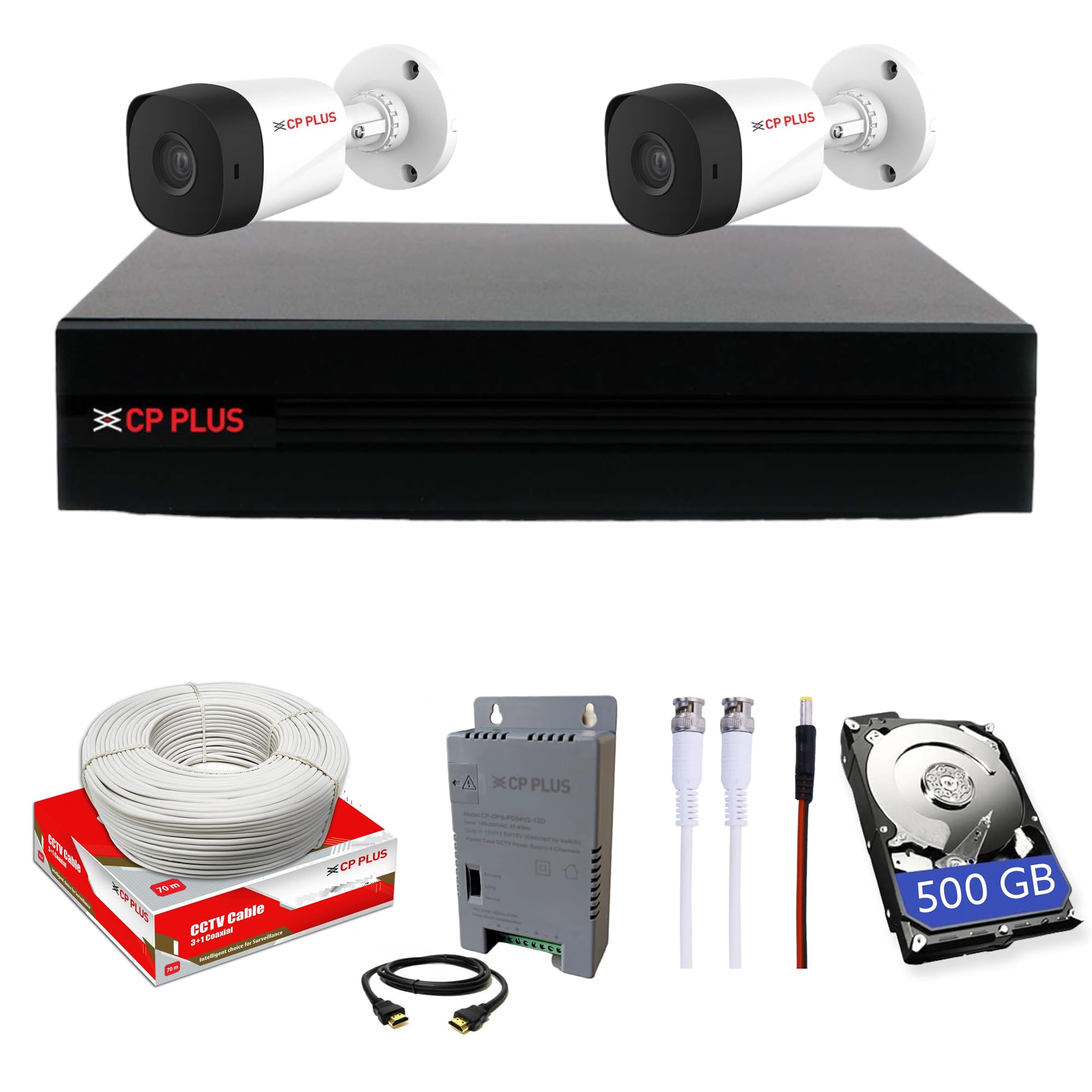 CP PLUS Full HD 4 Channel DVR with 2X 5 MP Outdoor Cameras, Built-in Audio Mic, Motion Detection, 500GB HDD, 4 Ch SMPS, CCTV Cables, HDMI+BNC/DC Set - White