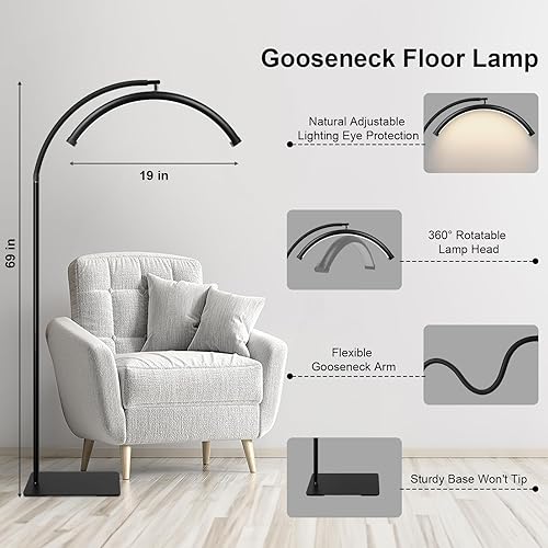 Miniatura 5 de Lámpara de pie ajustable con cuello de cisne y media luna, diseño sin sombras para extensiones de pestañas, tatuajes, oficina, lectura y cuidado de