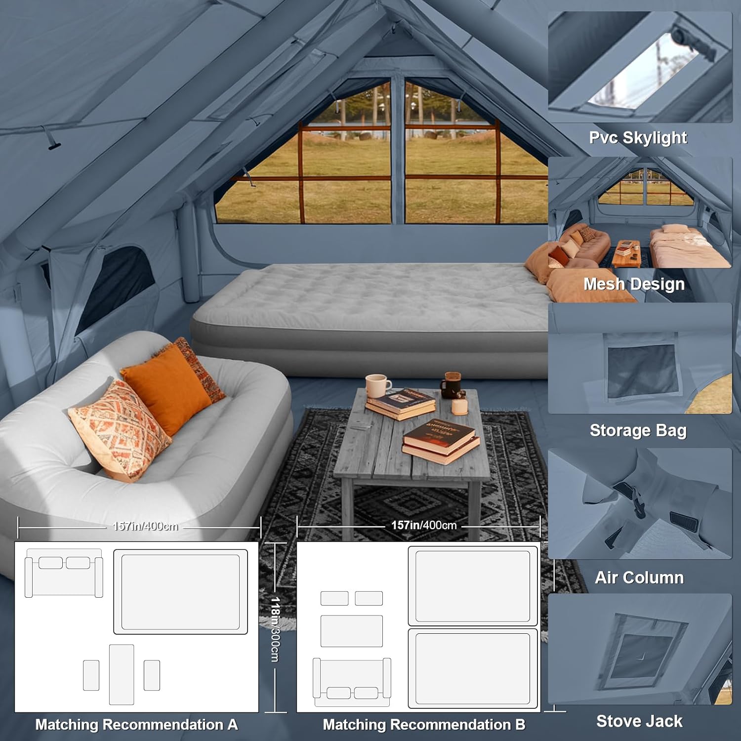 Inflatable Camping Tent,2/4/6/8 Person Glamping Inflatable Tents with Awning, Quick Setup Blow Up Tents with Pump, Waterproof Oxford Inflatable House for Camping, Air Glamping Hot Tents for Adult