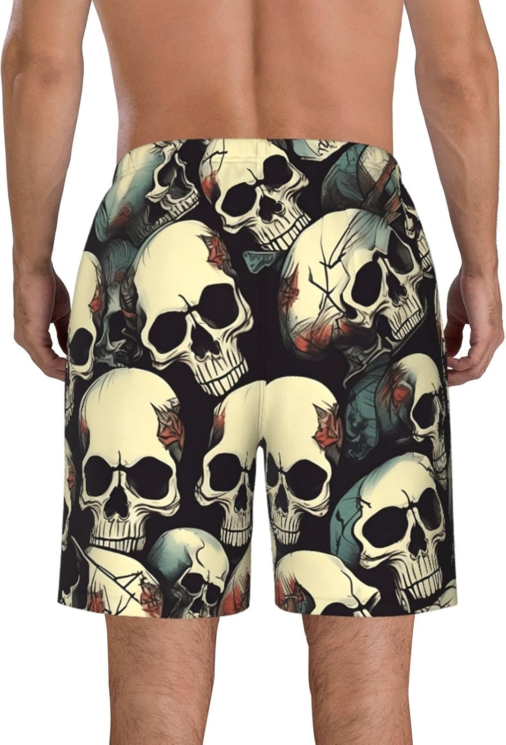 Skull Skeleton Print Mens Casual Shorts Drawstring Summer Beach Stretch Shorts Novelty Swimtrunks