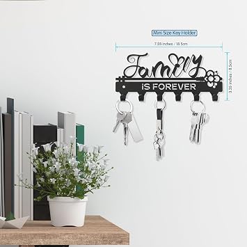 Family is ForeverMini Key Holder Wall Mounted,Small Key Holder on Wall,Black Metal Decorative Key Rack Hooks for Garage,Mudroom,Hallway,Entryway,Front Door,Office(Mini Size:18.5x8.5cm)