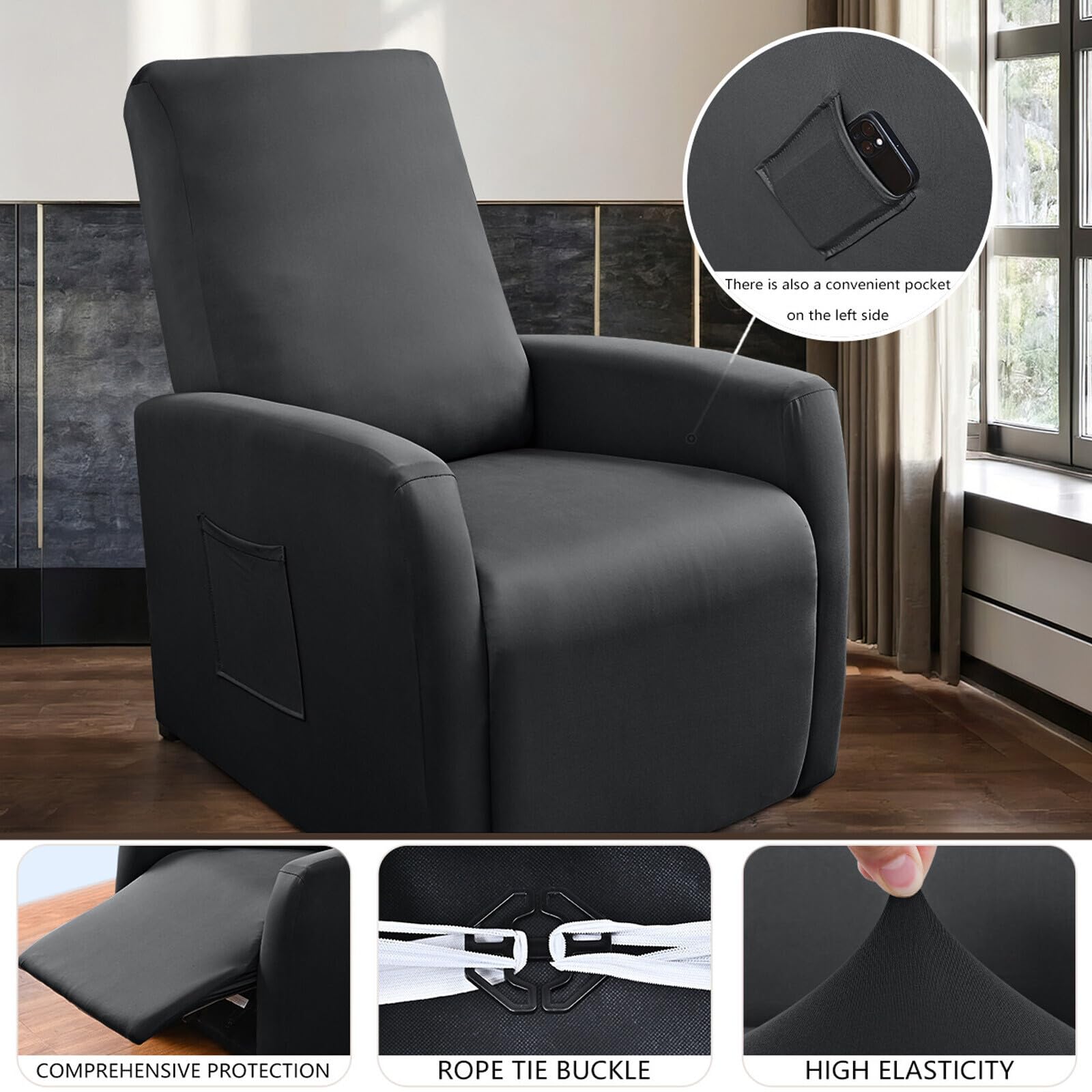 Master Pink Waterproof Small Recliner Chair Covers, 4 Piece Stretch Recliner Slipcovers for Small Recliner, Elastic Lazyboy Covers with Storage Pocket, Machine Washable Sofa Protector (Charcoal Grey)
