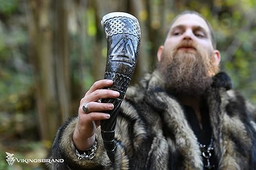 Miniatura 3 de Auténtico cuerno vikingo hecho a mano, taza medieval de cerveza nórdica para vikingos con soporte, taza de bebida vikinga grabada a mano, cuernos de