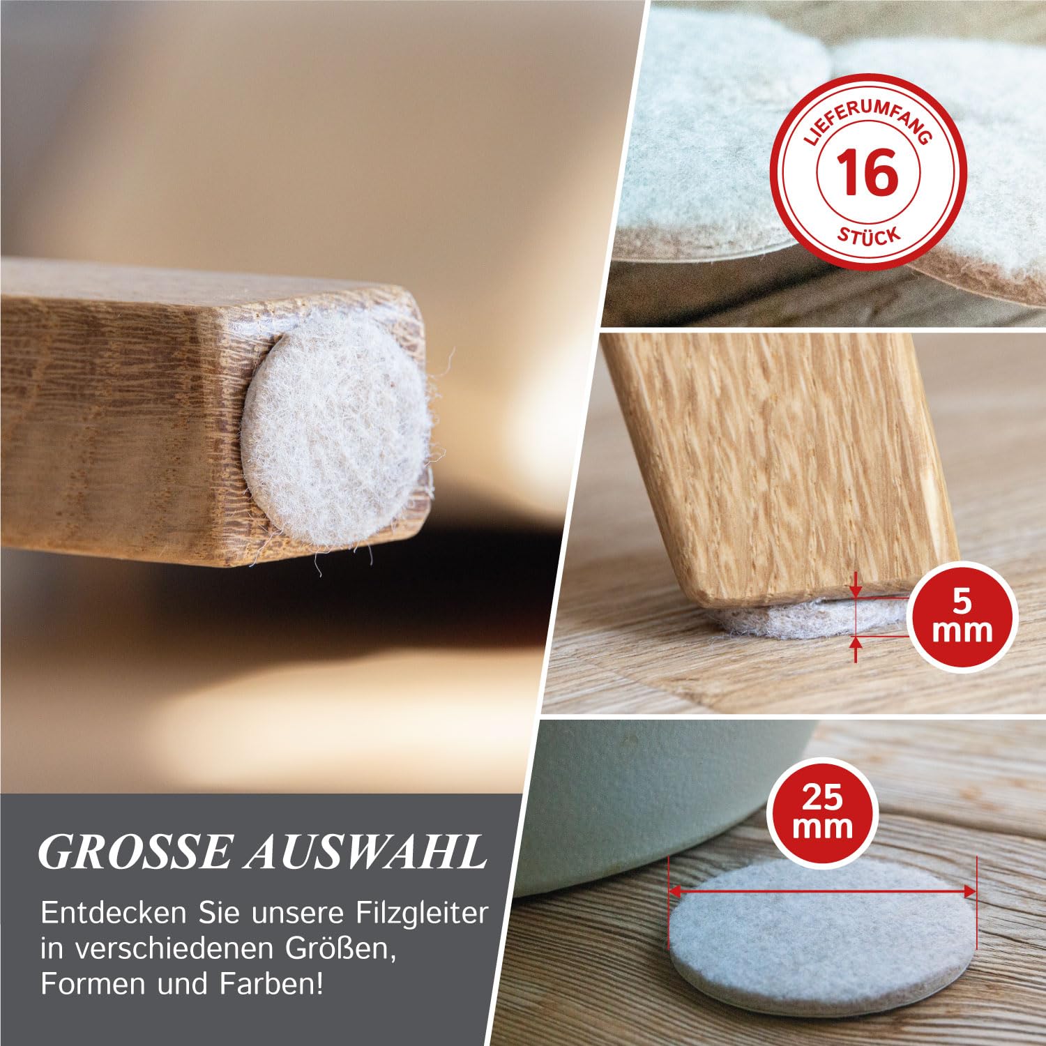 QUARKZMAN 16 stuks viltglijders, zelfklevend, 55 x 55 x 5 mm (l x b x d
