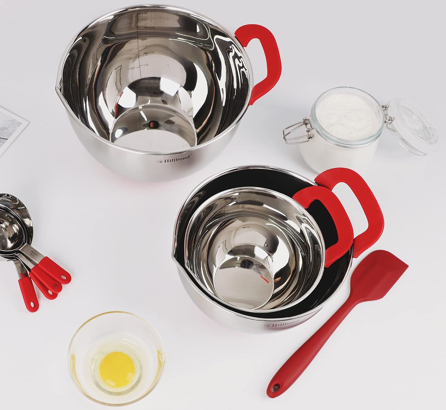 Hillbond Mixing Bowls with BPA Free Airtight Lids Nesting Bowls with Pour Spout, Silicone Handle and Non-Slip Bottoms for Baking, Stainless Steel Mixing Bowls Dishwasher Safe, 1.5, 3, 5 QT (Red) - Image 6