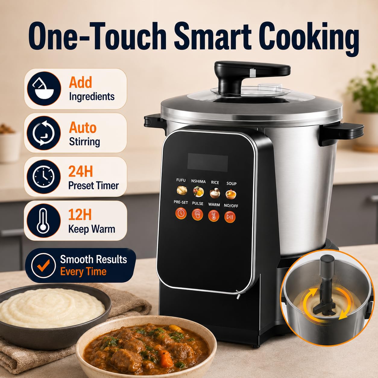 Pound Yam Automatique 6L Anti-adhésif Acier Inoxydable Cuisinière avec LED