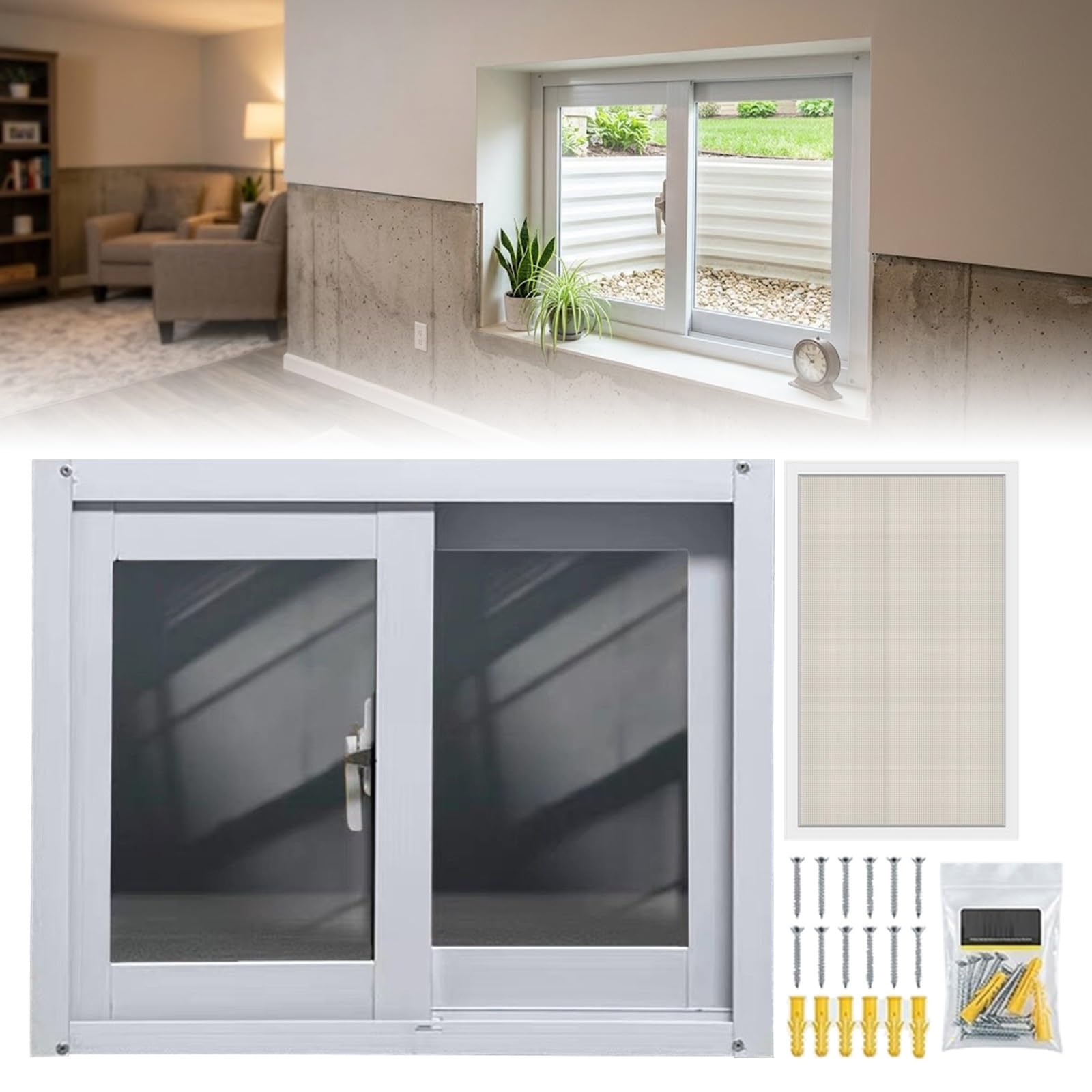 Ventana de sótano con mosquitera integrada y hojas correderas de aluminio