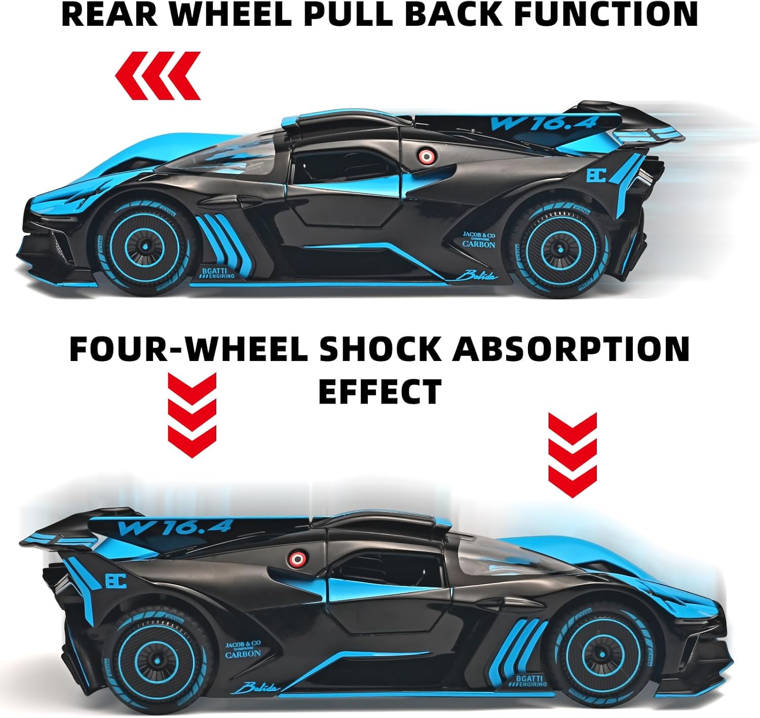 RZAPE Bugatti Toy Car 1/24 Diecast Cars Compatible for Bolide Model Car Collection,Spray Bolide Toy Car for Boys,Pull Back Cars with Light and Sound,Suitable as a Gift for Boys and Girls（Blue）