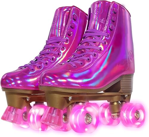JajaHoho Patines de ruedas para mujer, piel sintética holográfica magenta de alta calidad, patines de doble fila brillantes con cuatro ruedas rosa