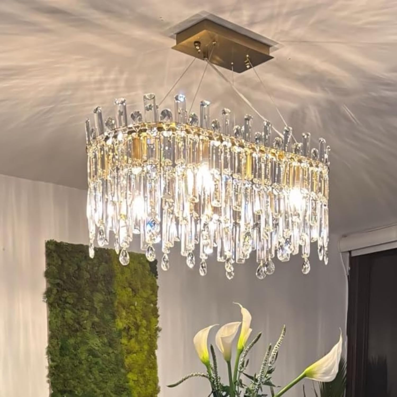 Siljoy 10-Light Gold Chandelier for Dining Room, 31.5'' Rectangular Crystal Ceiling Light with E12 Sockets, 2-Tier Raindrop Flush Mount, Adjustable Chain - Kitchen Island, Bedroom, Entryway