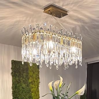 Siljoy 10-Light Gold Chandelier for Dining Room, 31.5 Rectangular Crystal Ceiling Light with E12 Sockets, 2-Tier Raindrop Flush Mount, Adjustable Chain - Kitchen Island, Bedroom, Entryway