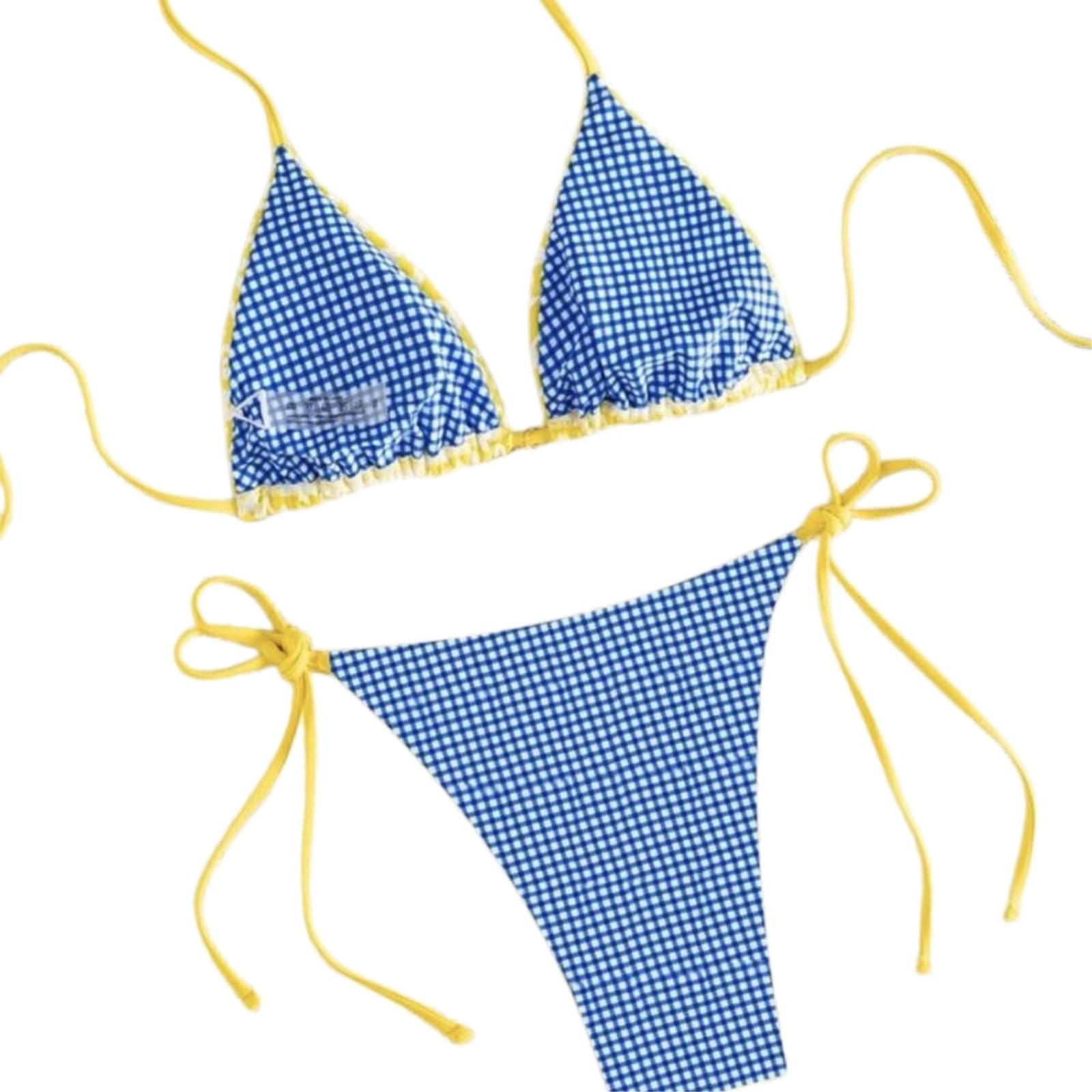 Bikini Donna Giallo Blu Contrasto Set Triangolo Top Cravatta Lato Costume da Bagno-1-l