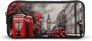 Lightweight Red London Street Pencil Pouch with Metal Zipper | Reusable Pen Case, Pencil Bag for Office Supply, Minimalist Storage Organizer for Stationery Cosmetic, Portable Holder Box