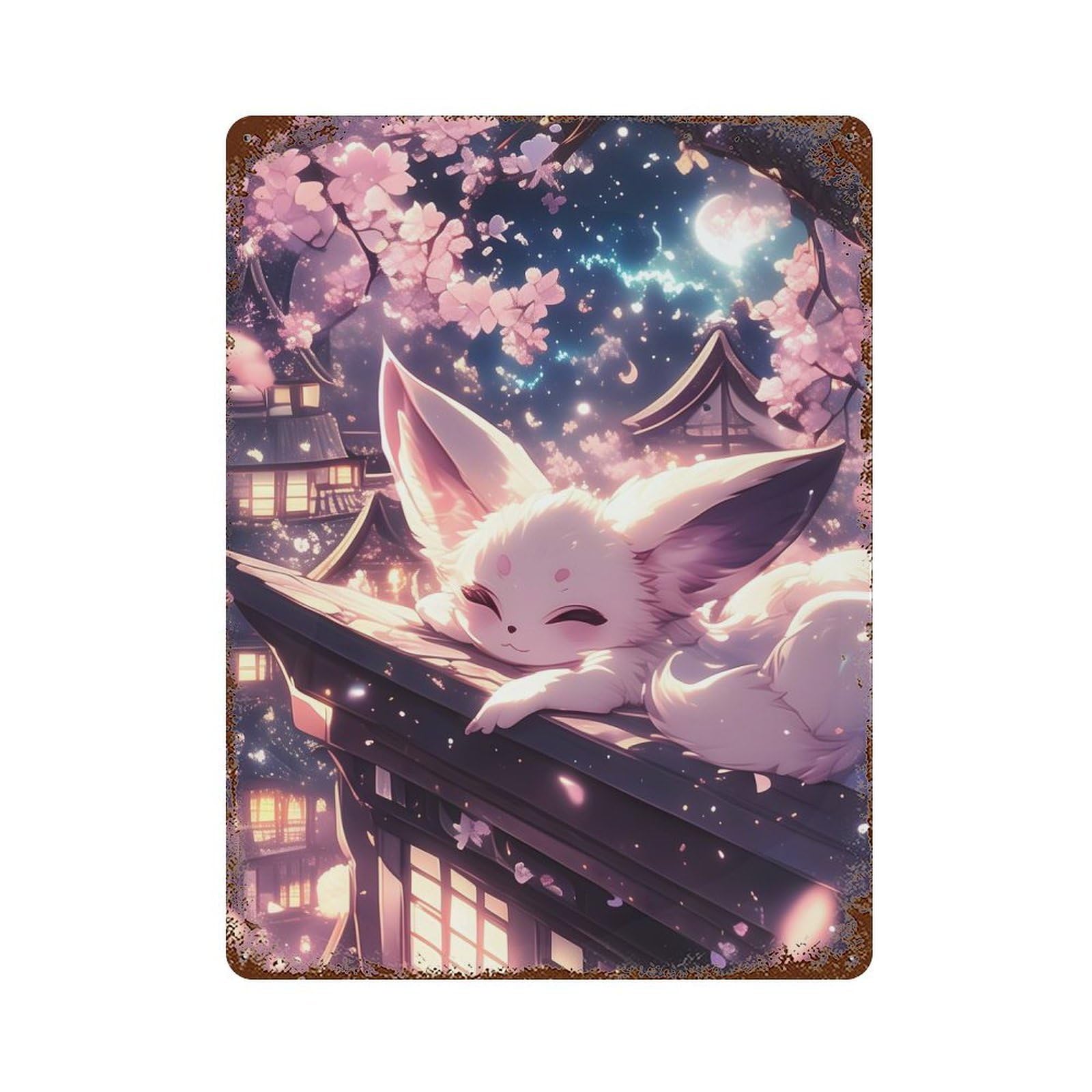 Fox in Cherry Blossom Night Weathered Tin Sign 15.7"x11.8", Vintage Wall Decor for Garage, Pub Or Kitchen