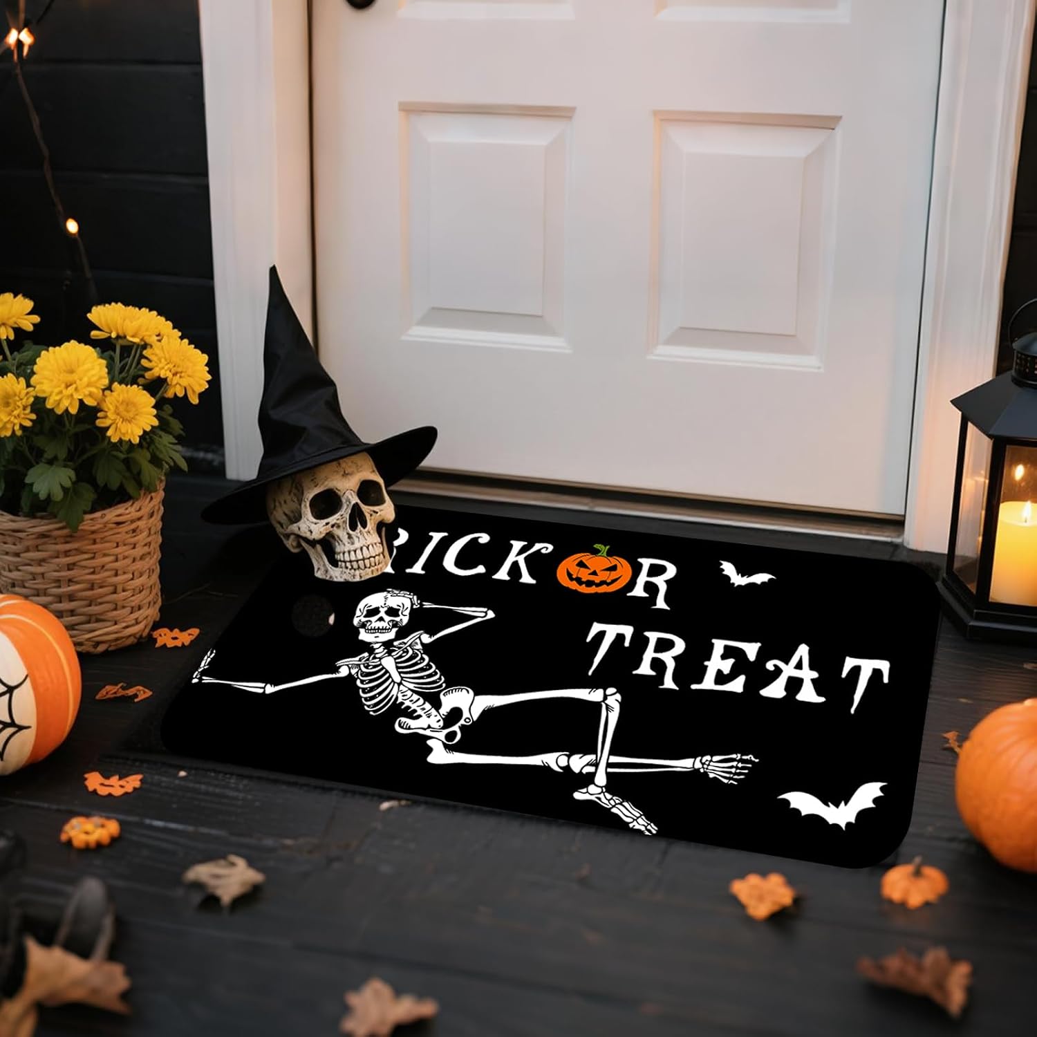Lindameler Halloween Door Mat Funny Skeleton Man Ghost Door Mat for Halloween Decor Evil Pumpkin Trick Or Treat Anti-Slip Washable Skull Mat Door Rug Kitchen Outdoor Mat 16 x 30 Inch