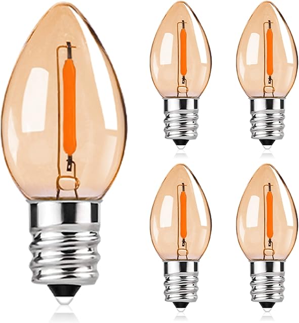 0.5W E12 LED Filament Candle Candelabra Bulbs, C7 Vintage Night Light Bulb, Ultra Warm White 2200K, Small Edison Screw 5 Watt Equivalent Lamp, Non Dimmable, Amber Glow, Pack of 5